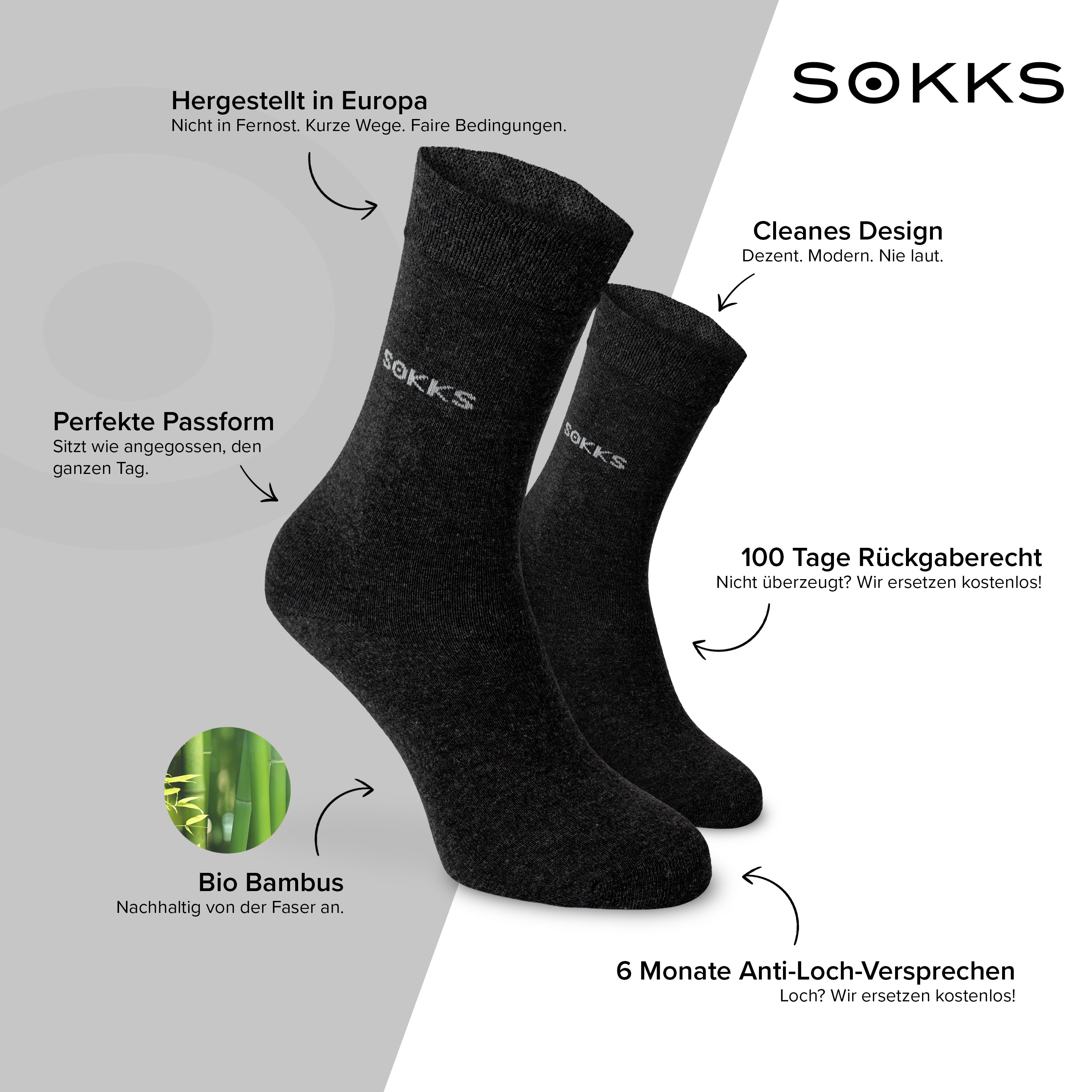 SOKKS Business Anzugsocken Grau aus Bambusviskose — Vorteile: Made in Europe, 100 Tage Rückgaberecht, 6 Monate Anti-Loch-Garantie