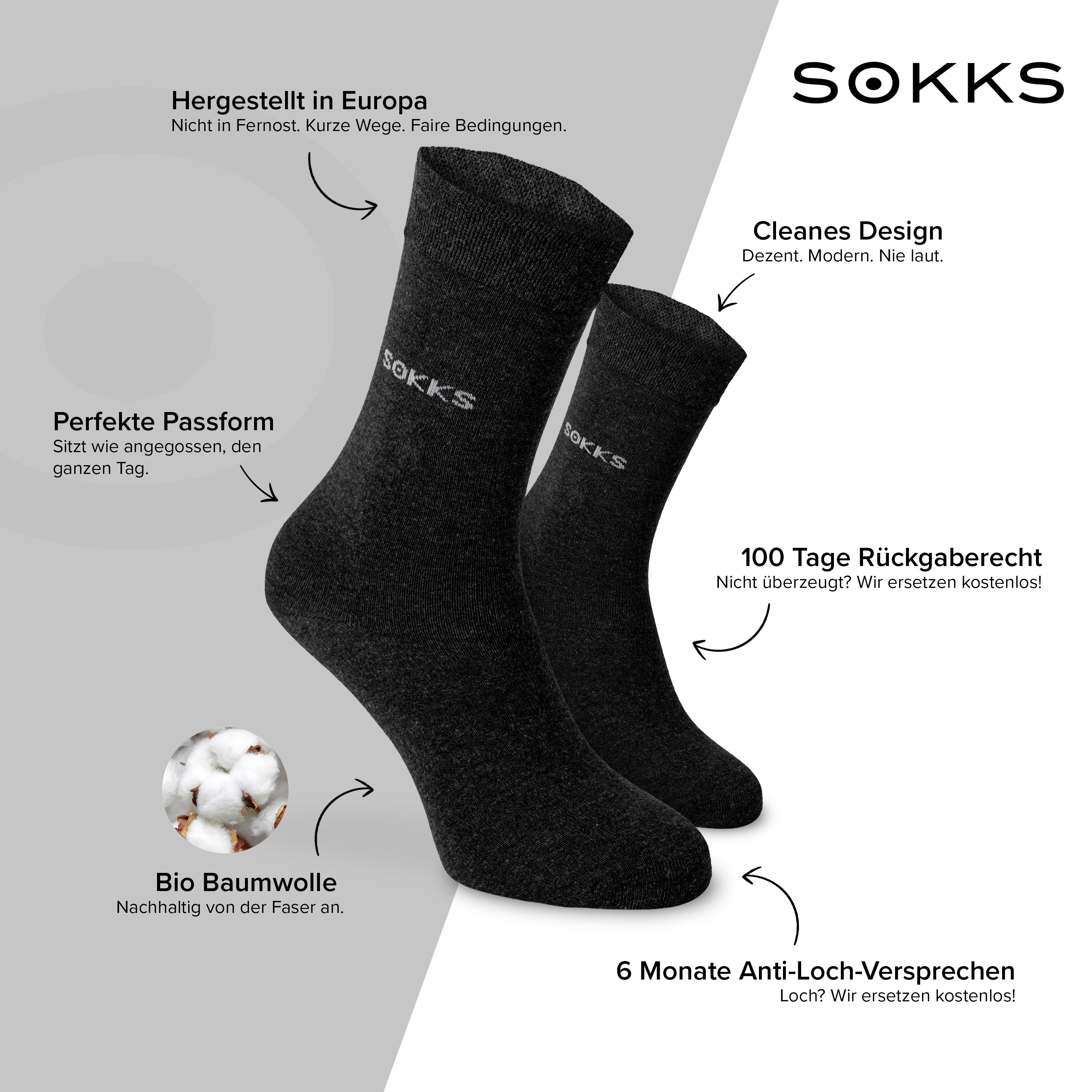 SOKKS Business Anzugsocken Grau aus Baumwolle — Vorteile: Made in Europe, 100 Tage Rückgaberecht, 6 Monate Anti-Loch-Garantie