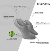 SOKKS Füßlinge Grau – unsichtbare Sneakersocken aus Bambusviskose — Vorteile: Made in Europe, 100 Tage Rückgaberecht, 6 Monate Anti-Loch-Garantie