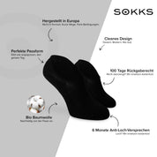 SOKKS Füßlinge Schwarz – unsichtbare Sneakersocken aus Baumwolle — Vorteile: Made in Europe, 100 Tage Rückgaberecht, 6 Monate Anti-Loch-Garantie