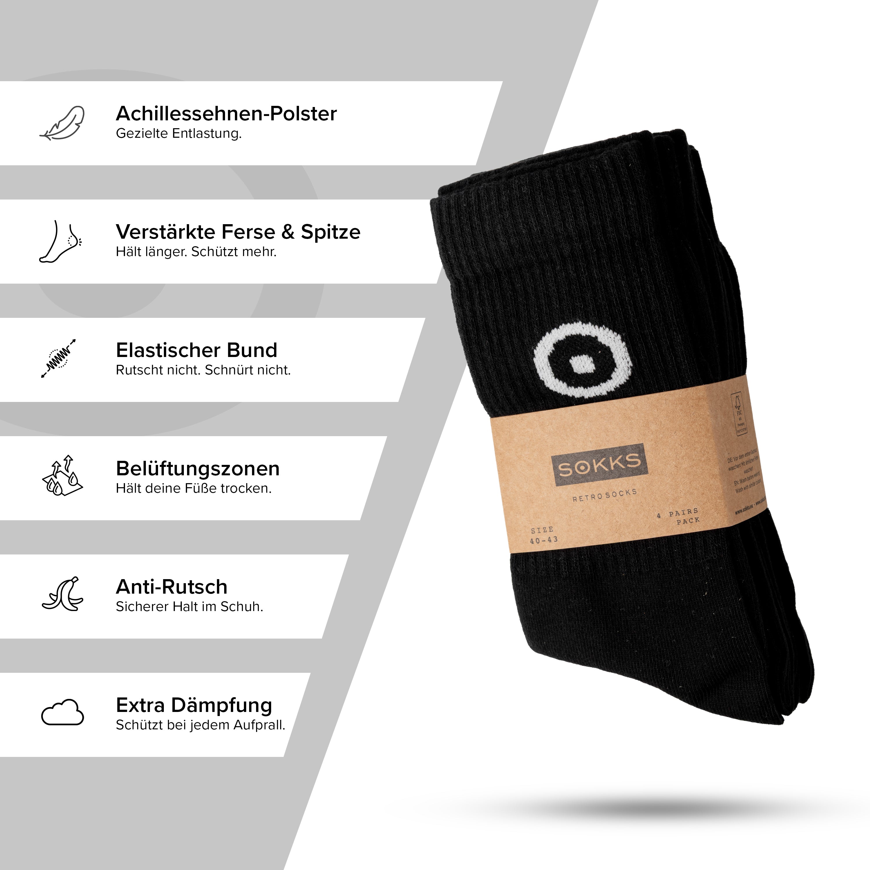 SOKKS 4 Paar Sportsocken Schwarz | Logo