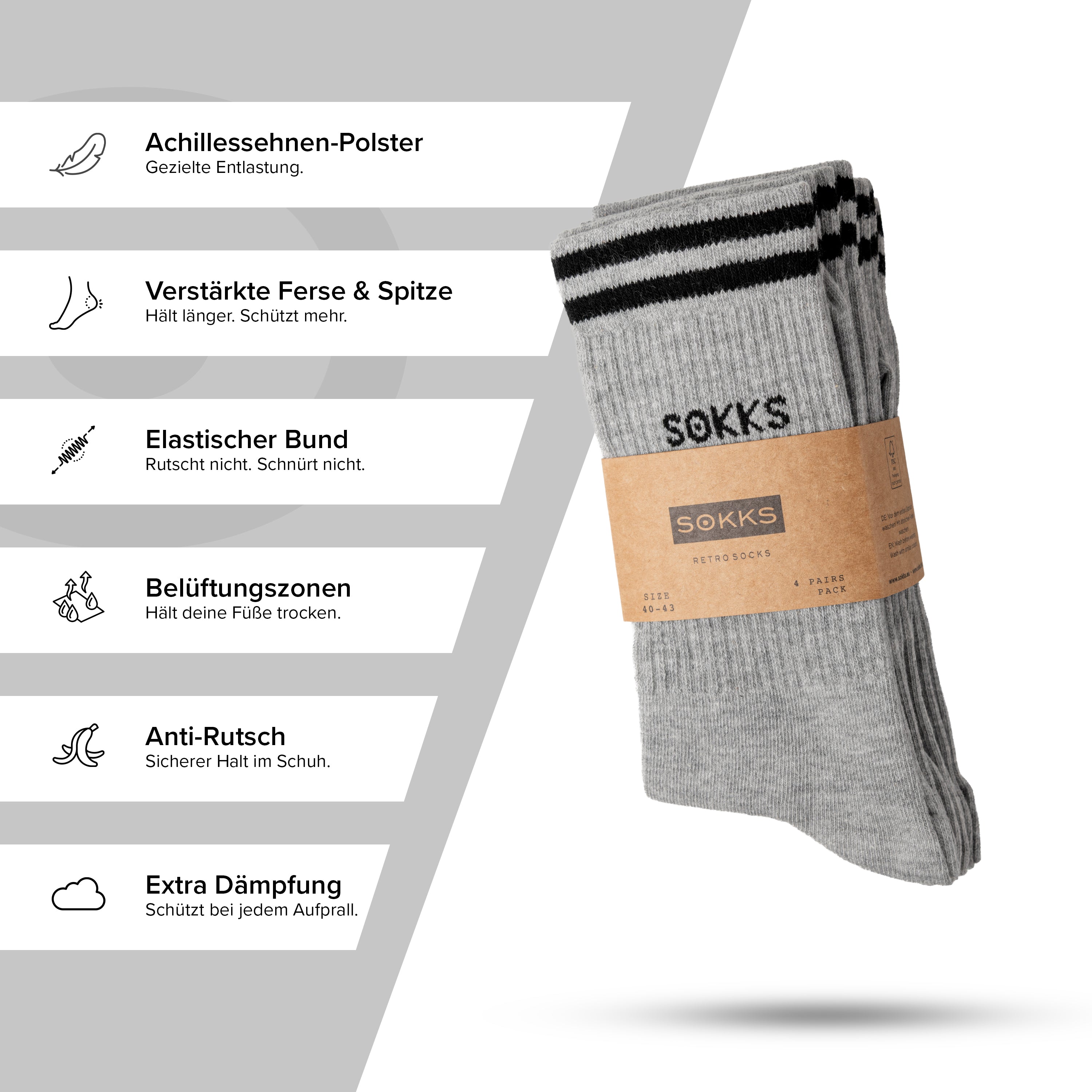 SOKKS 4 Paar Sportsocken Grau | Schriftzug