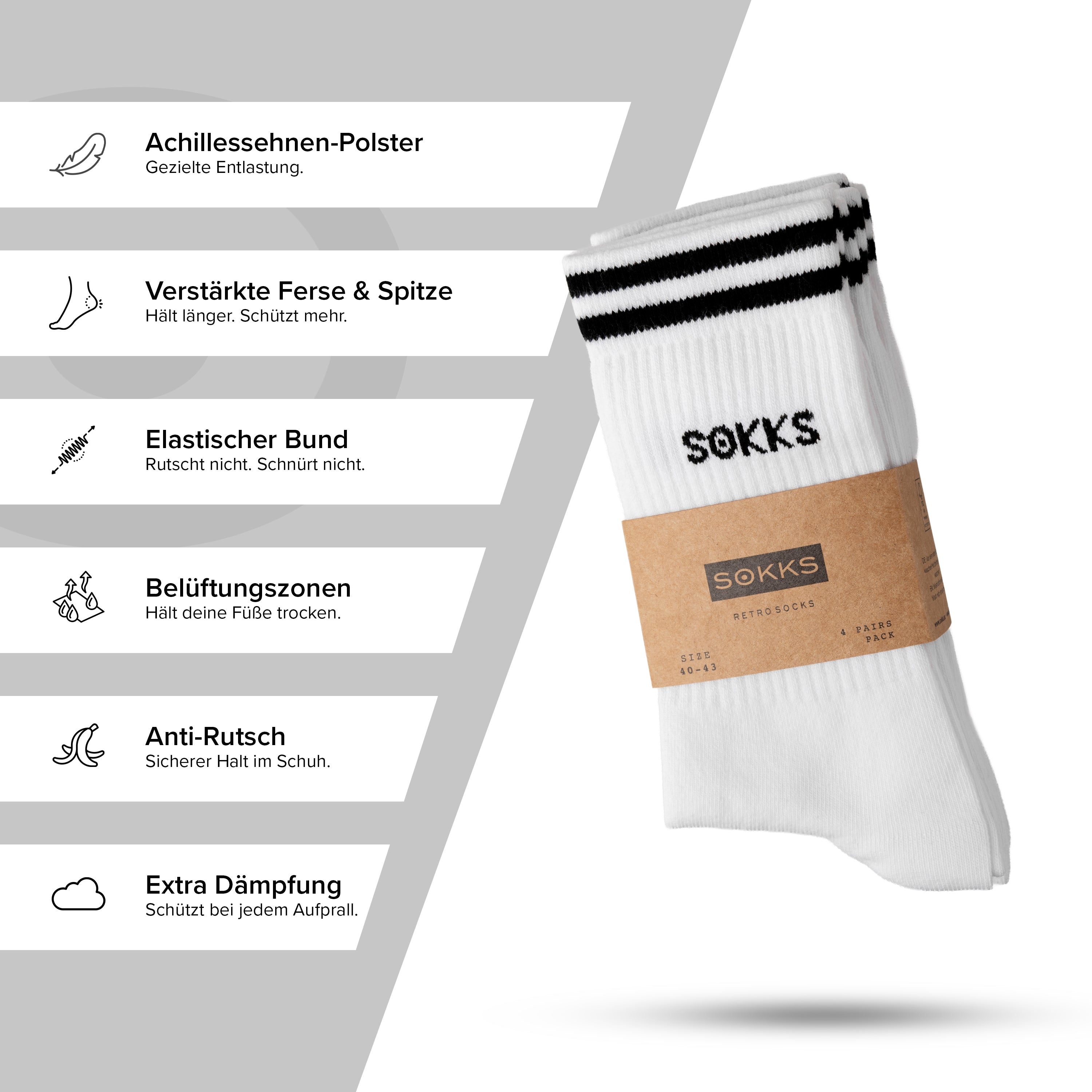SOKKS 4 Paar Sportsocken Weiß | Schriftzug