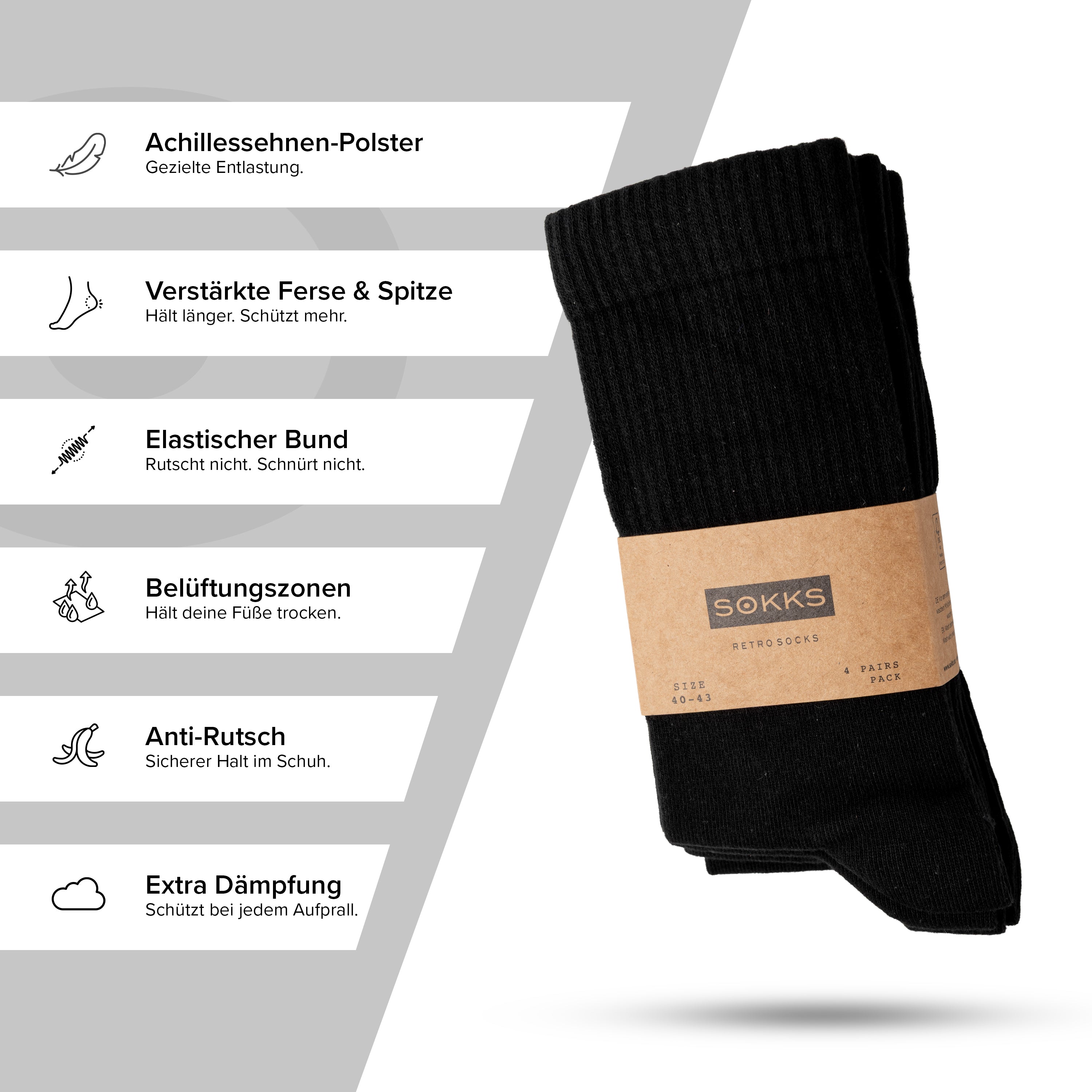 SOKKS 4 Paar Tennissocken Schwarz | Baumwolle