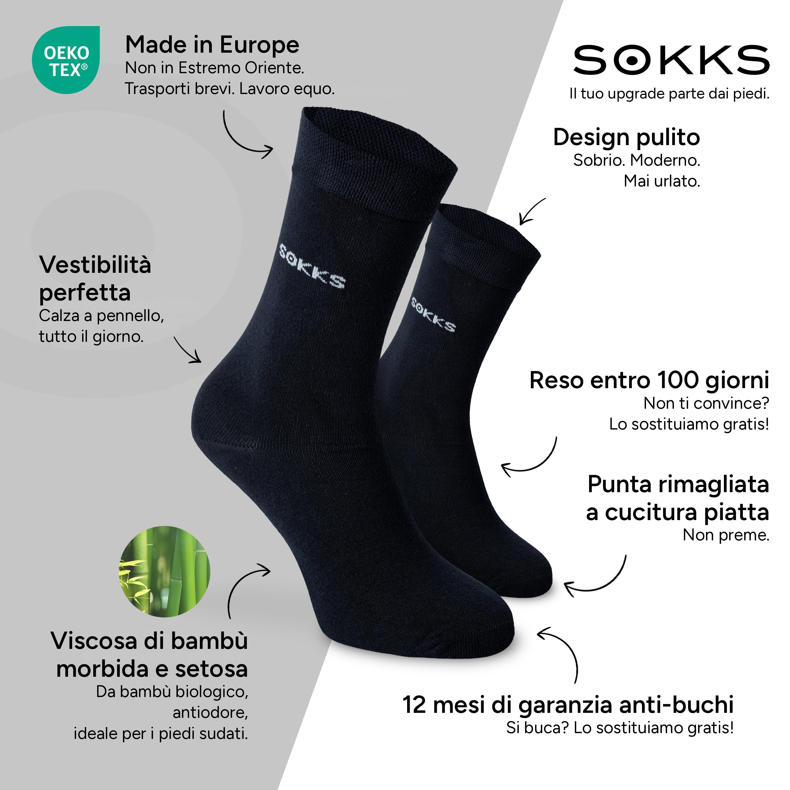 SOKKS Calze Eleganti Blu in Viscosa di Bambù — Vantaggi: Made in Europe, bambù biologico, reso entro 100 giorni, 12 mesi di garanzia anti-buchi