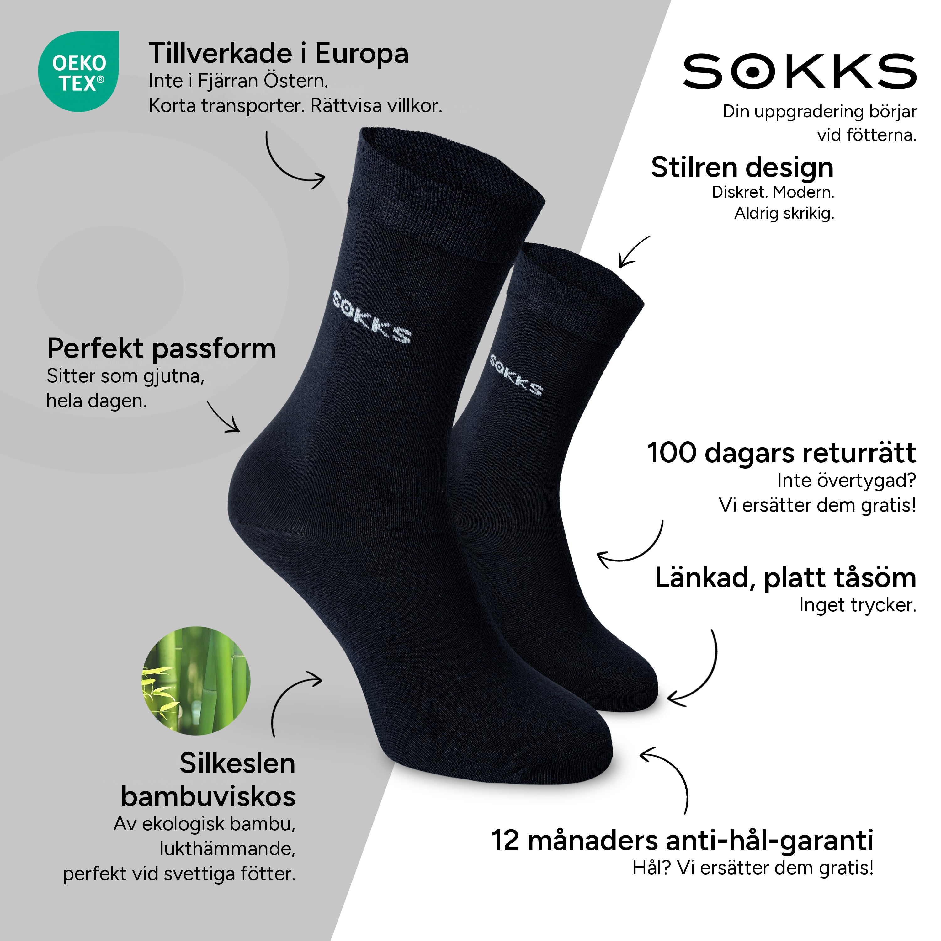 SOKKS Kostymstrumpor Blå i Bambuviskos — Fördelar: Tillverkade i Europa, ekologisk bambu, 100 dagars returrätt, 12 månaders anti-hål-garanti