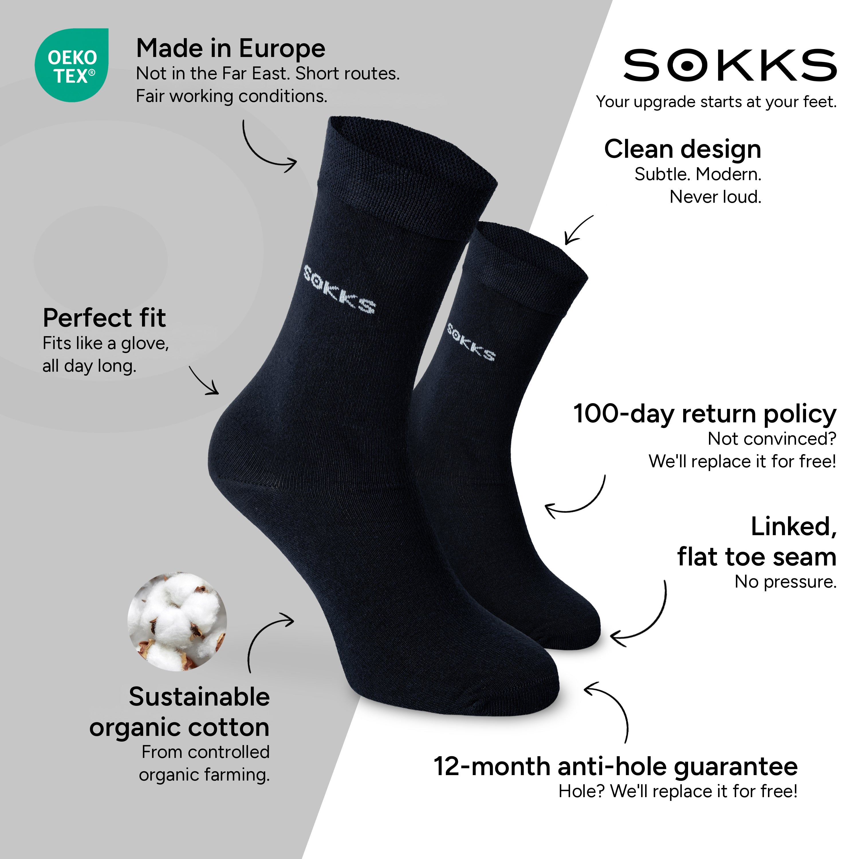SOKKS Business Dress Socks Blue in Cotton — Benefits: Made in Europe, organic cotton, 100-day return policy, 12-month anti-hole guarantee