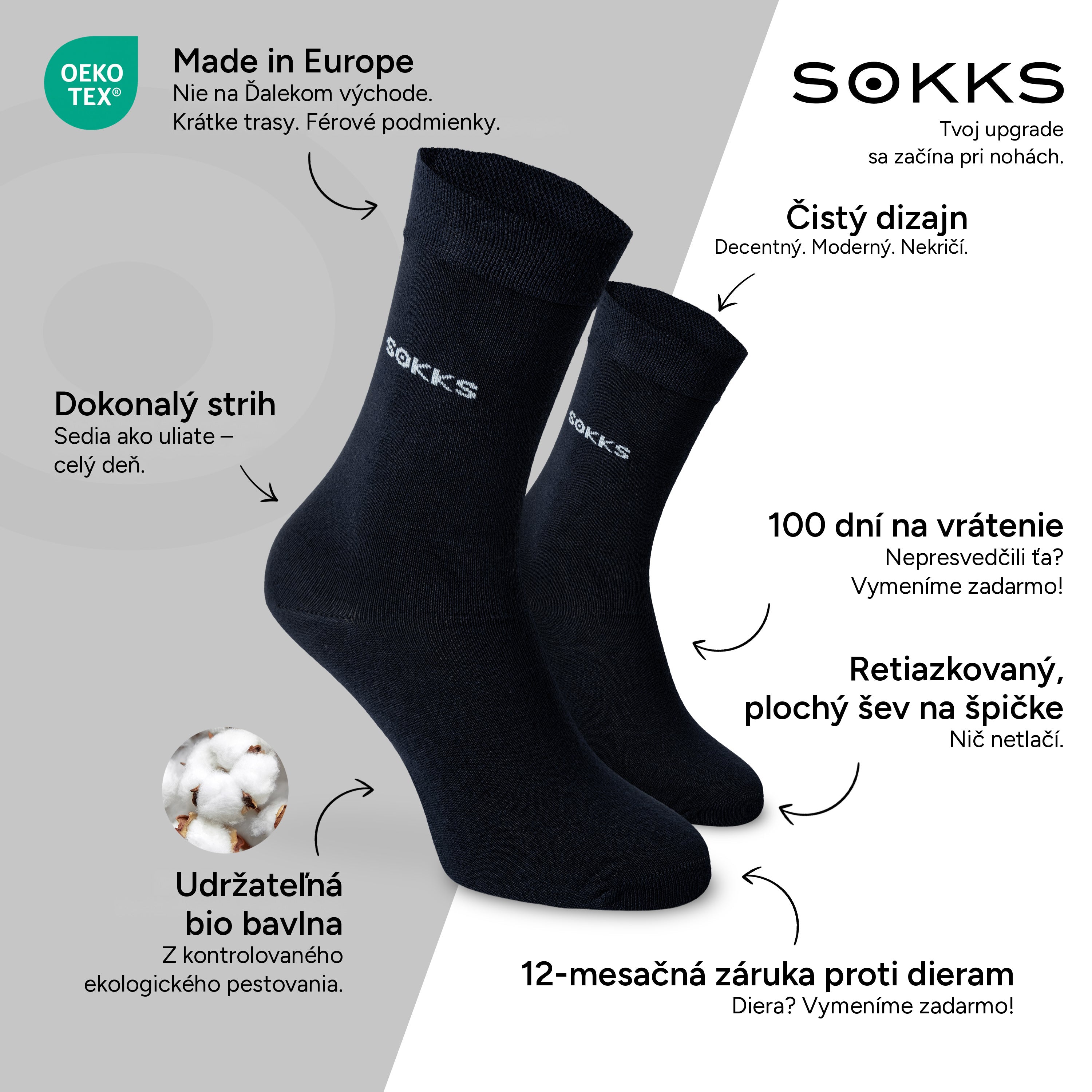 SOKKS Spoločenské ponožky Tmavomodré z bavlny — Výhody: Made in Europe, bio bavlna, 100 dní na vrátenie, 12-mesačná záruka proti dieram