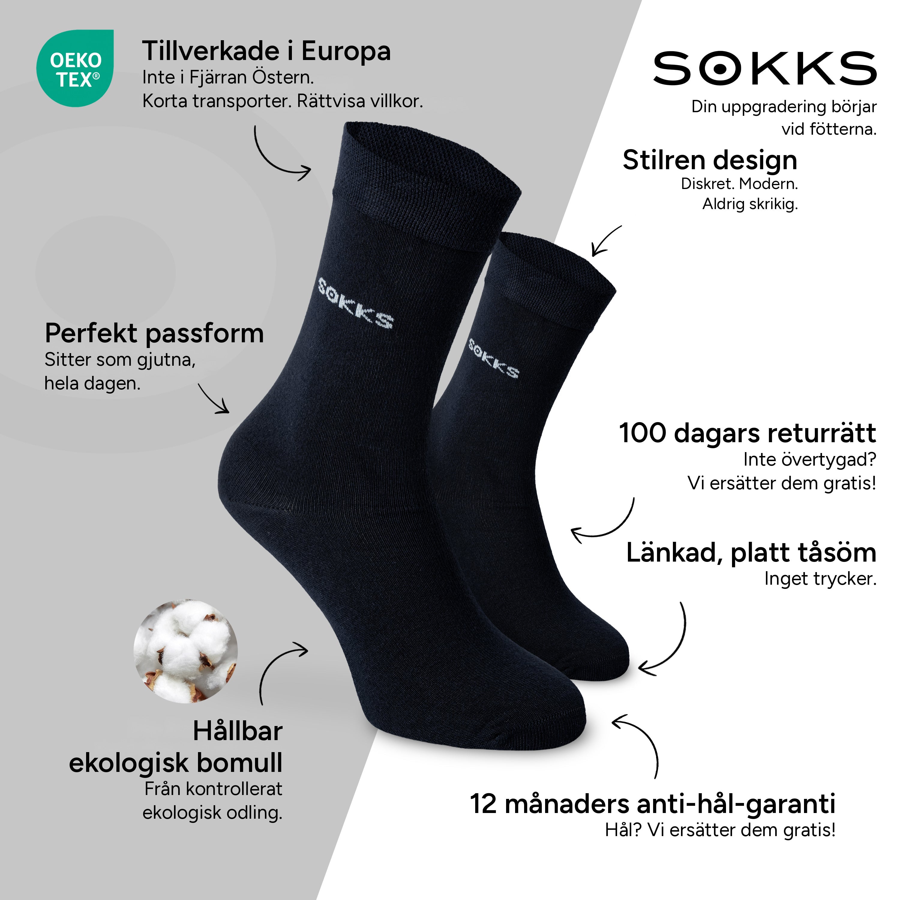 SOKKS Kostymstrumpor Blå i Bomull — Fördelar: Tillverkade i Europa, ekologisk bomull, 100 dagars returrätt, 12 månaders anti-hål-garanti