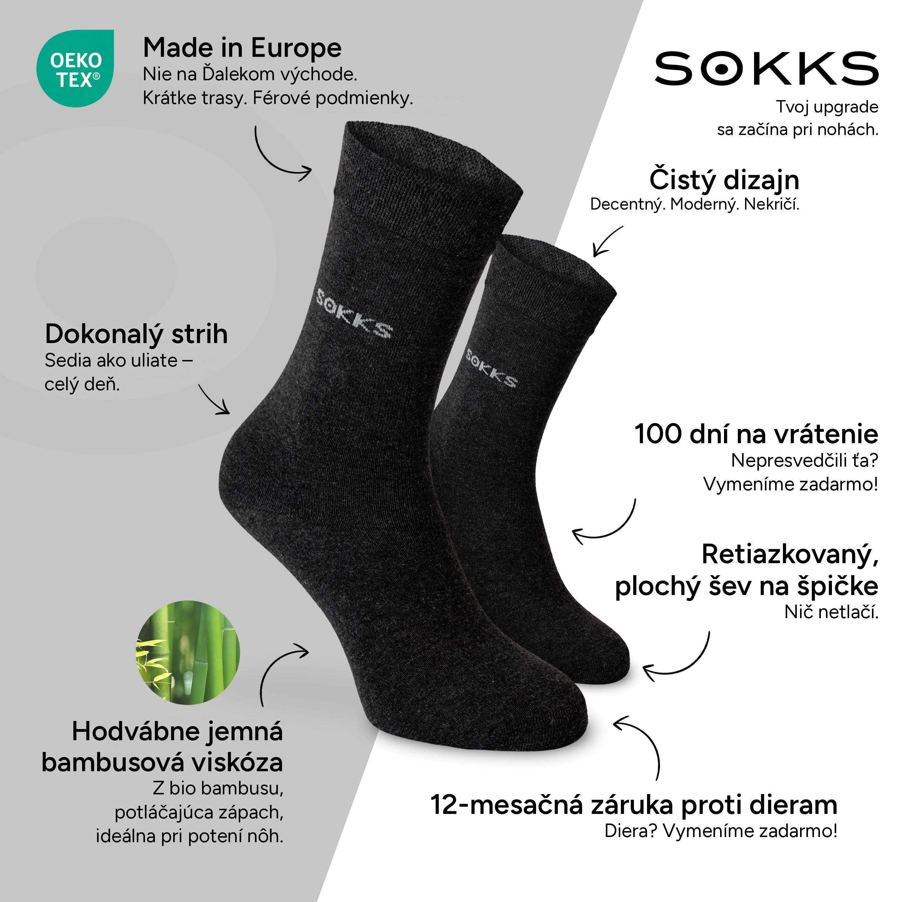 SOKKS Spoločenské ponožky Sivé z bambusovej viskózy — Výhody: Made in Europe, bio bambus, 100 dní na vrátenie, 12-mesačná záruka proti dieram