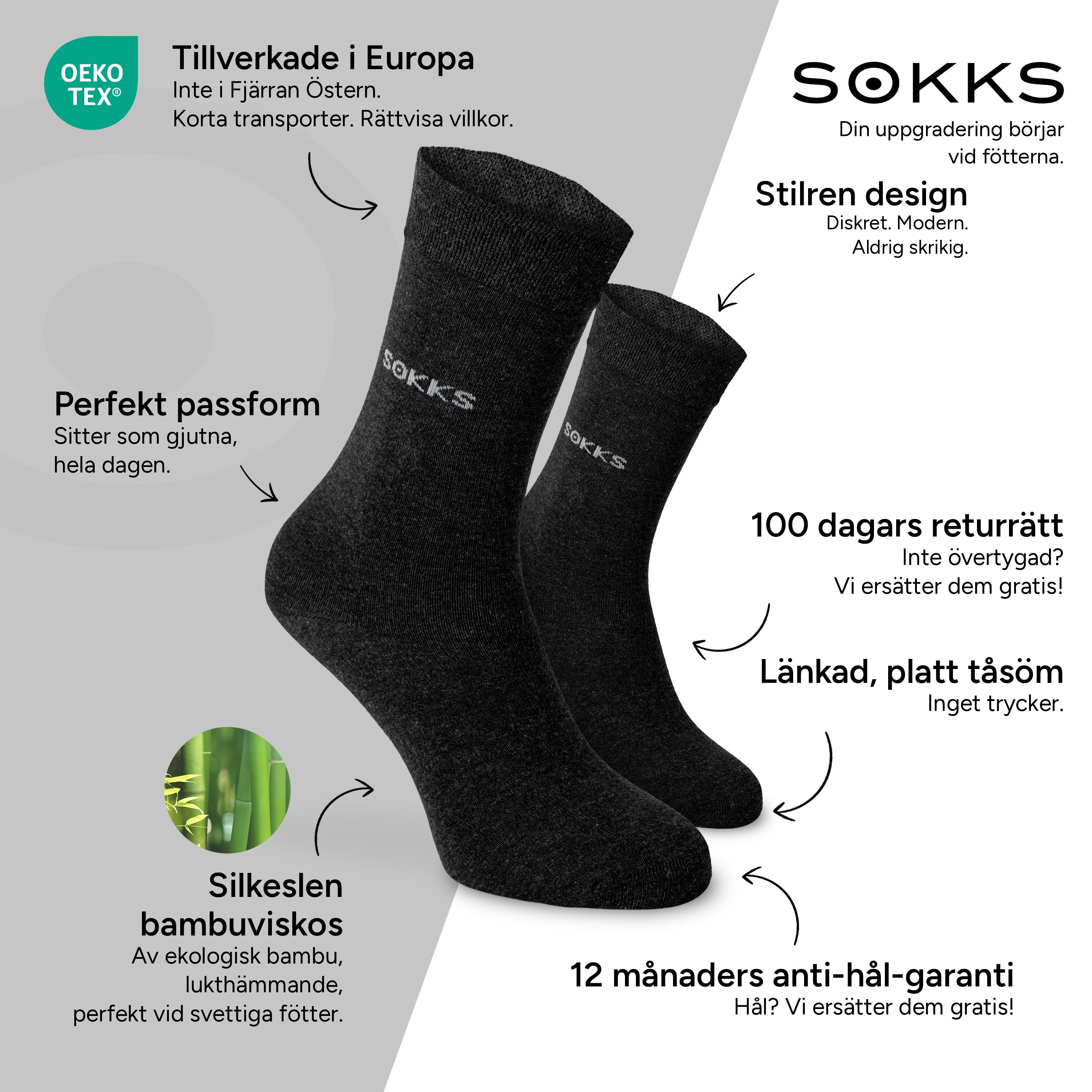 SOKKS Kostymstrumpor Grå i Bambuviskos — Fördelar: Tillverkade i Europa, ekologisk bambu, 100 dagars returrätt, 12 månaders anti-hål-garanti