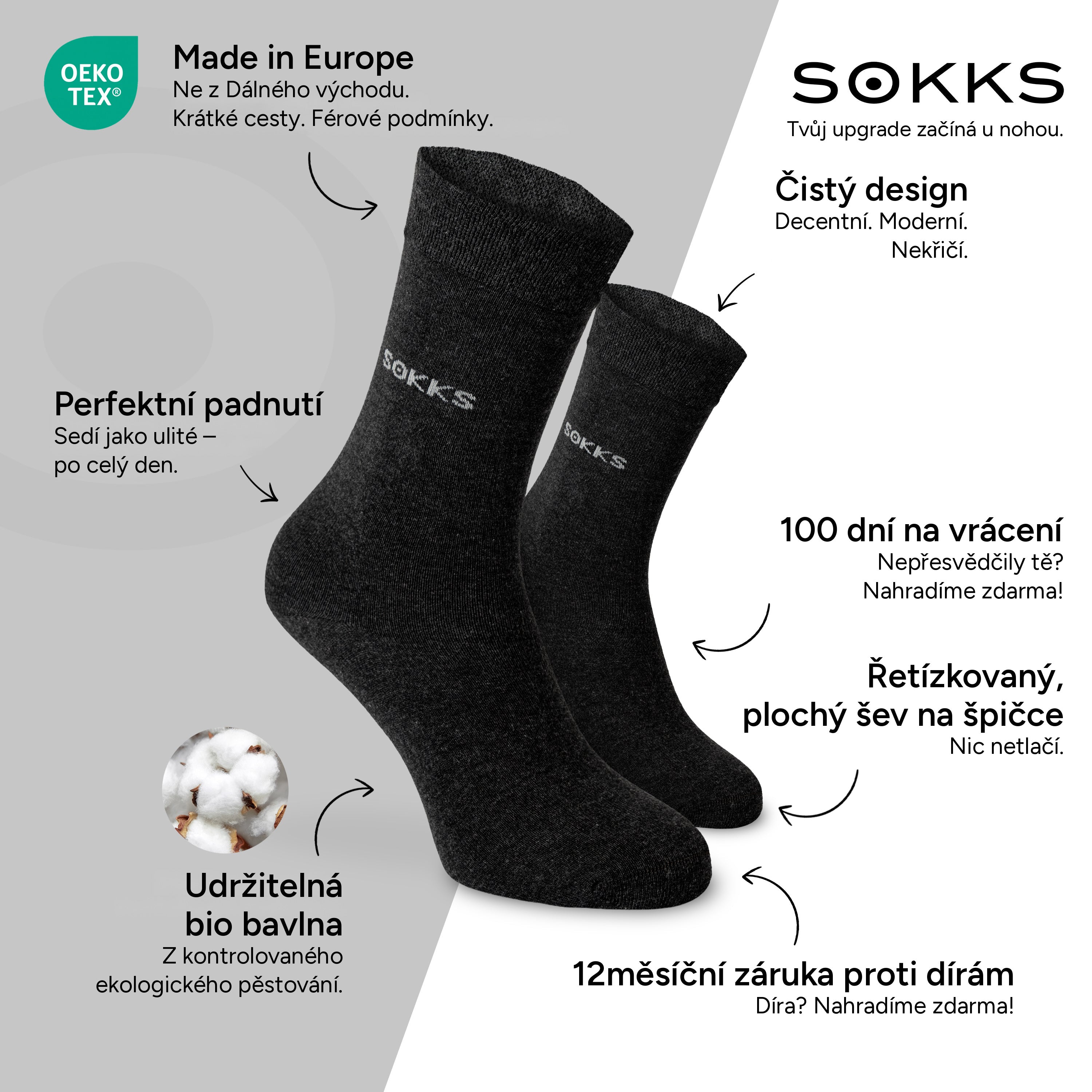 SOKKS Společenské ponožky Šedé z bavlny — Výhody: Made in Europe, bio bavlna, 100 dní na vrácení, 12měsíční záruka proti dírám