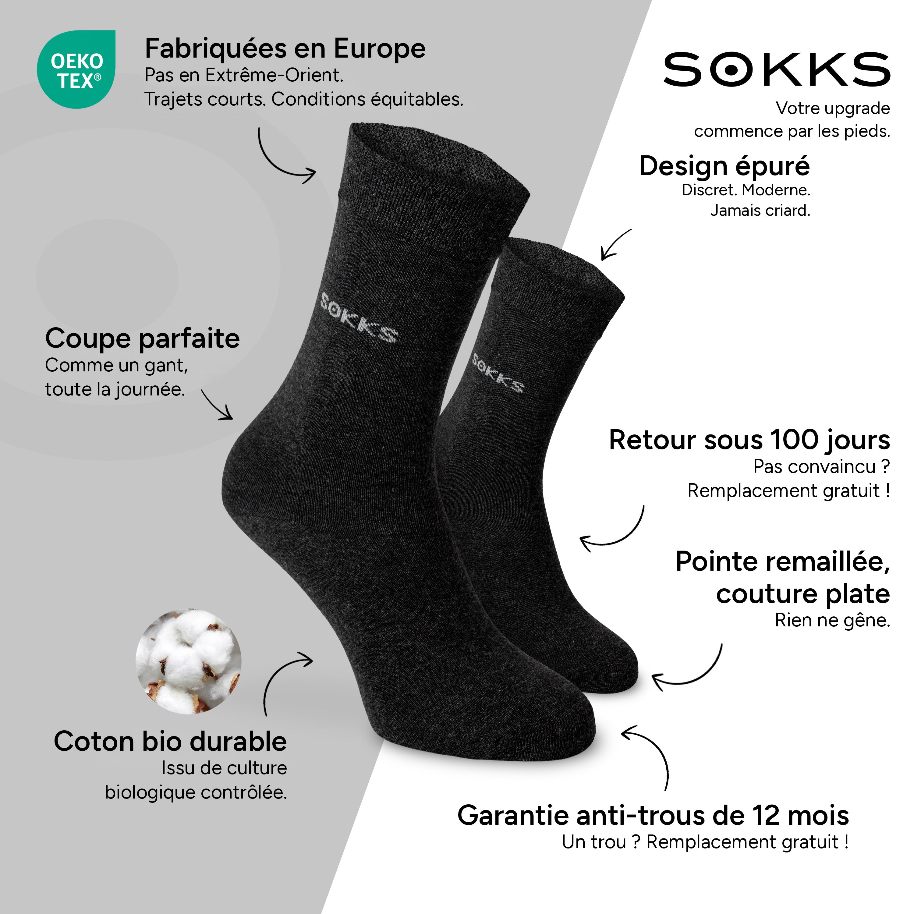 SOKKS Chaussettes de Costume Gris en Coton — Avantages : Fabriquées en Europe, coton bio, retour sous 100 jours, garantie anti-trous de 12 mois