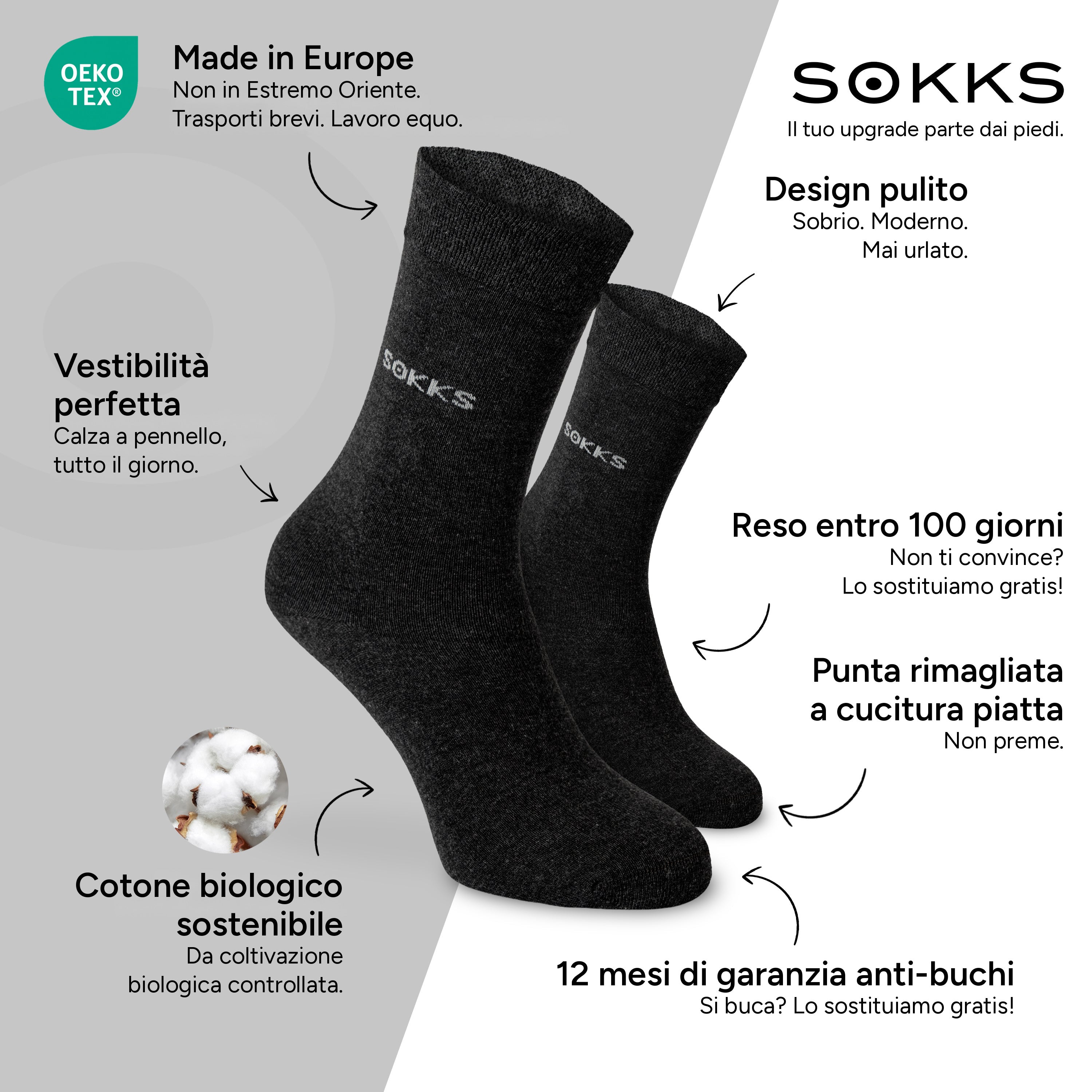 SOKKS Calze Eleganti Grigio in Cotone — Vantaggi: Made in Europe, cotone biologico, reso entro 100 giorni, 12 mesi di garanzia anti-buchi