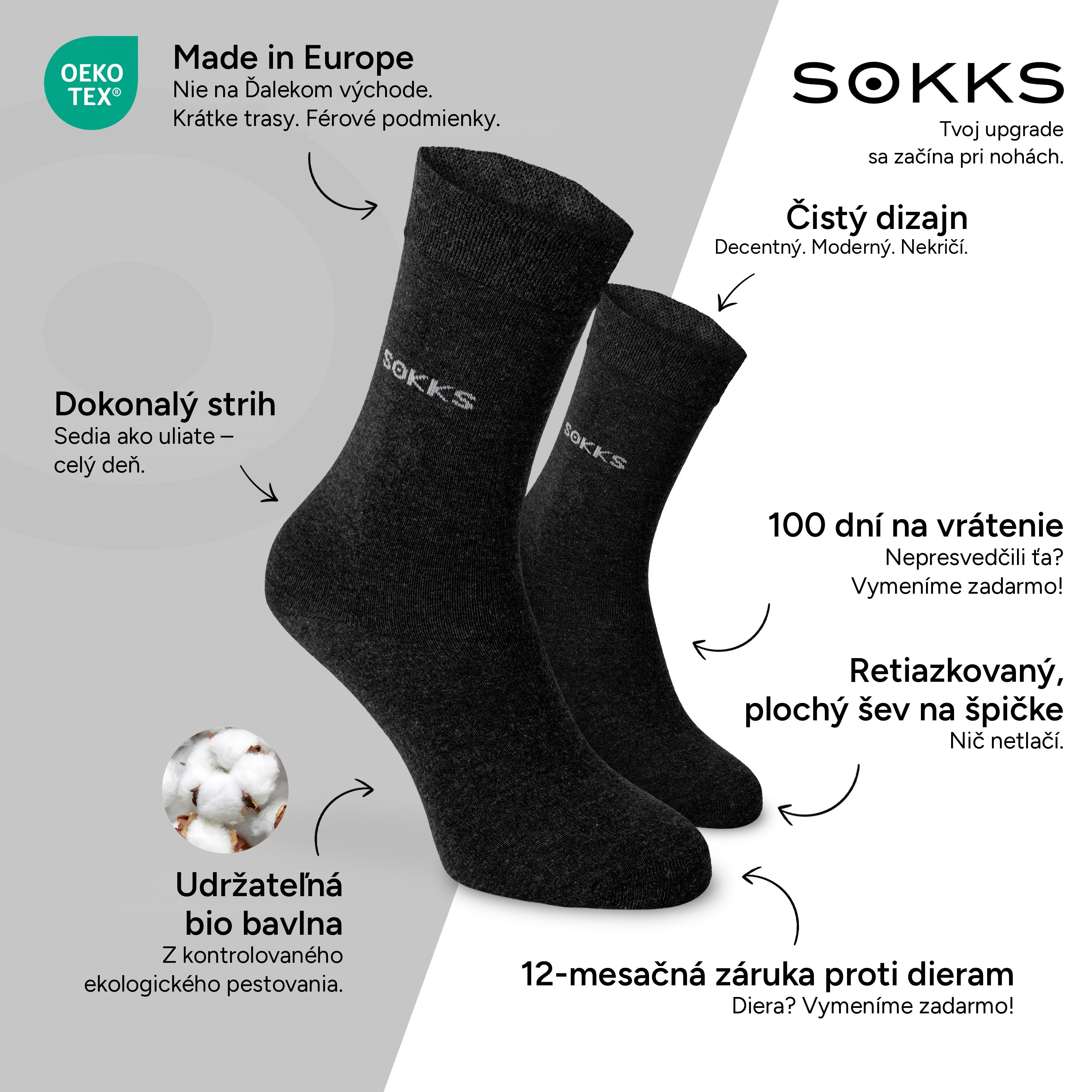 SOKKS Spoločenské ponožky Sivé z bavlny — Výhody: Made in Europe, bio bavlna, 100 dní na vrátenie, 12-mesačná záruka proti dieram