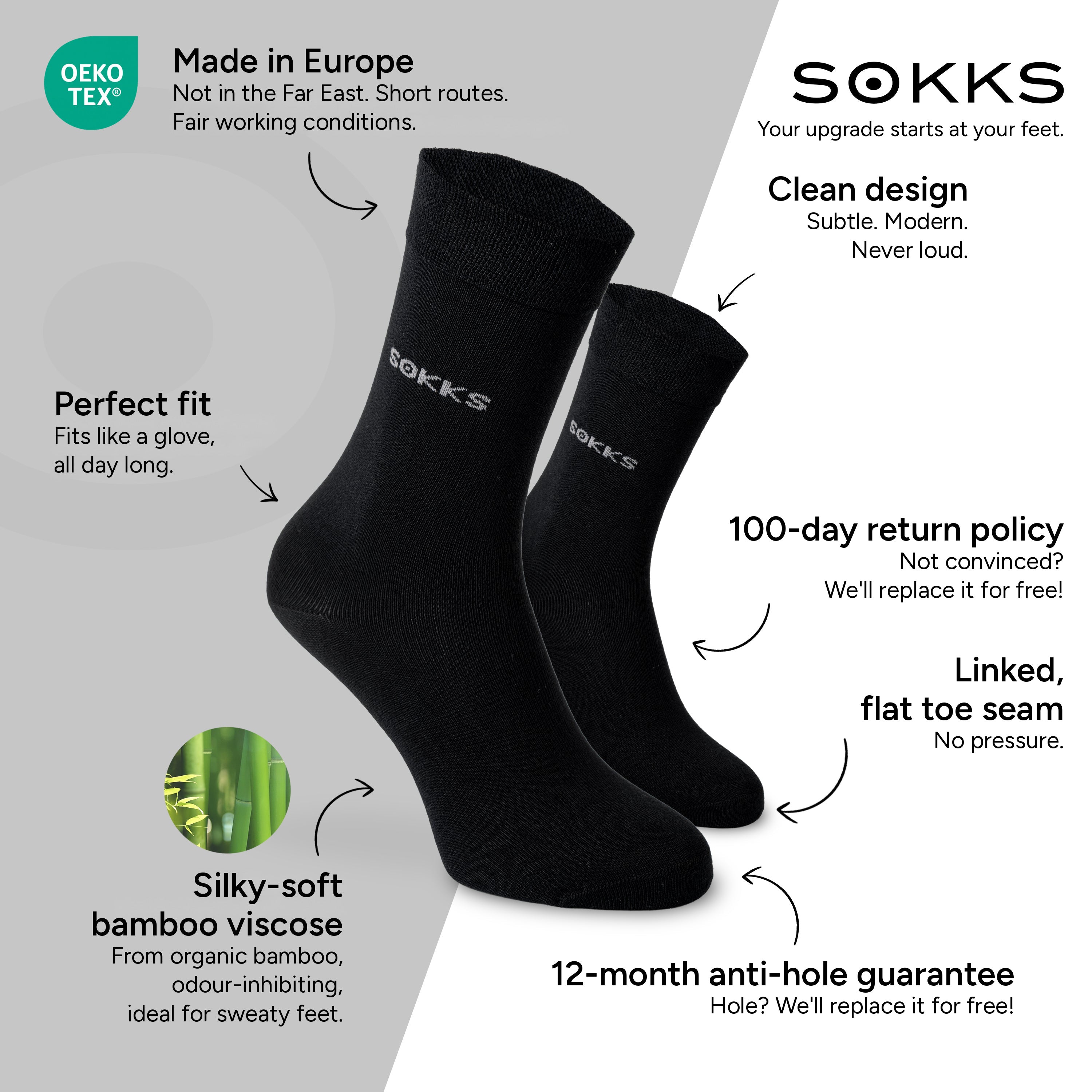 SOKKS Business Dress Socks Black in Bamboo Viscose — Benefits: Made in Europe, organic bamboo, 100-day return policy, 12-month anti-hole guarantee
