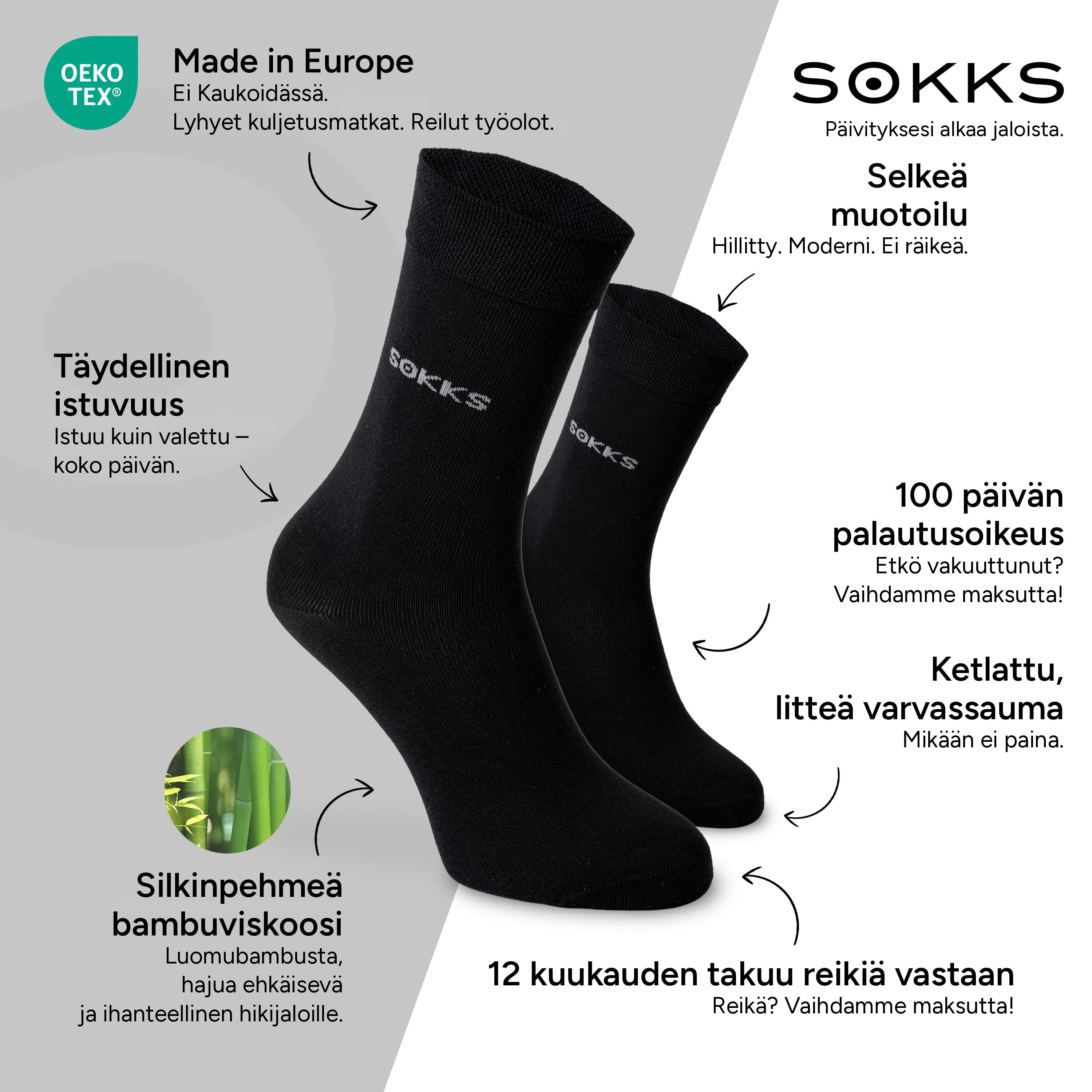 SOKKS Pukusukat Mustat, bambuviskoosia — Edut: Made in Europe, luomubambu, 100 päivän palautusoikeus, 12 kuukauden takuu reikiä vastaan