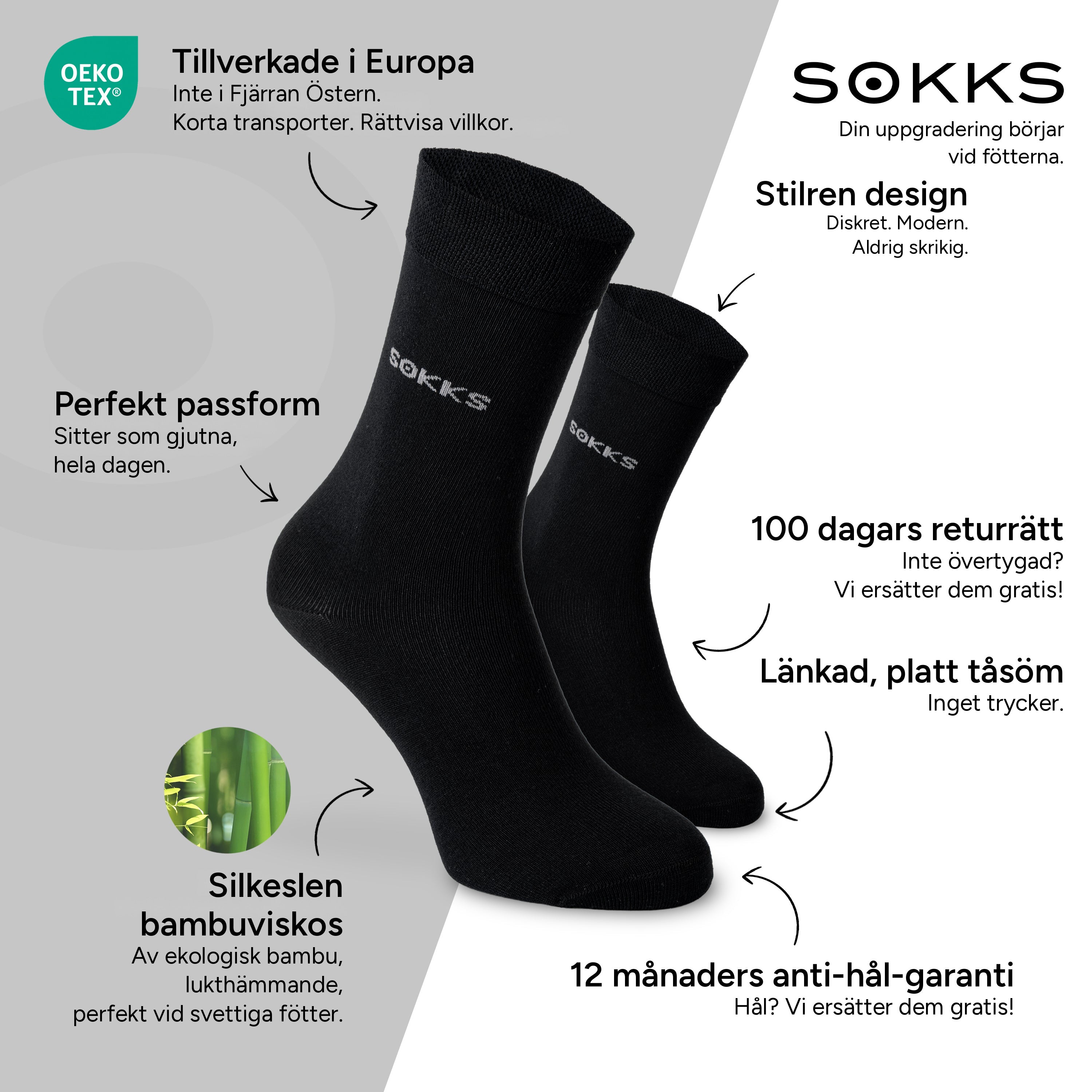 SOKKS Kostymstrumpor Svart i Bambuviskos — Fördelar: Tillverkade i Europa, ekologisk bambu, 100 dagars returrätt, 12 månaders anti-hål-garanti
