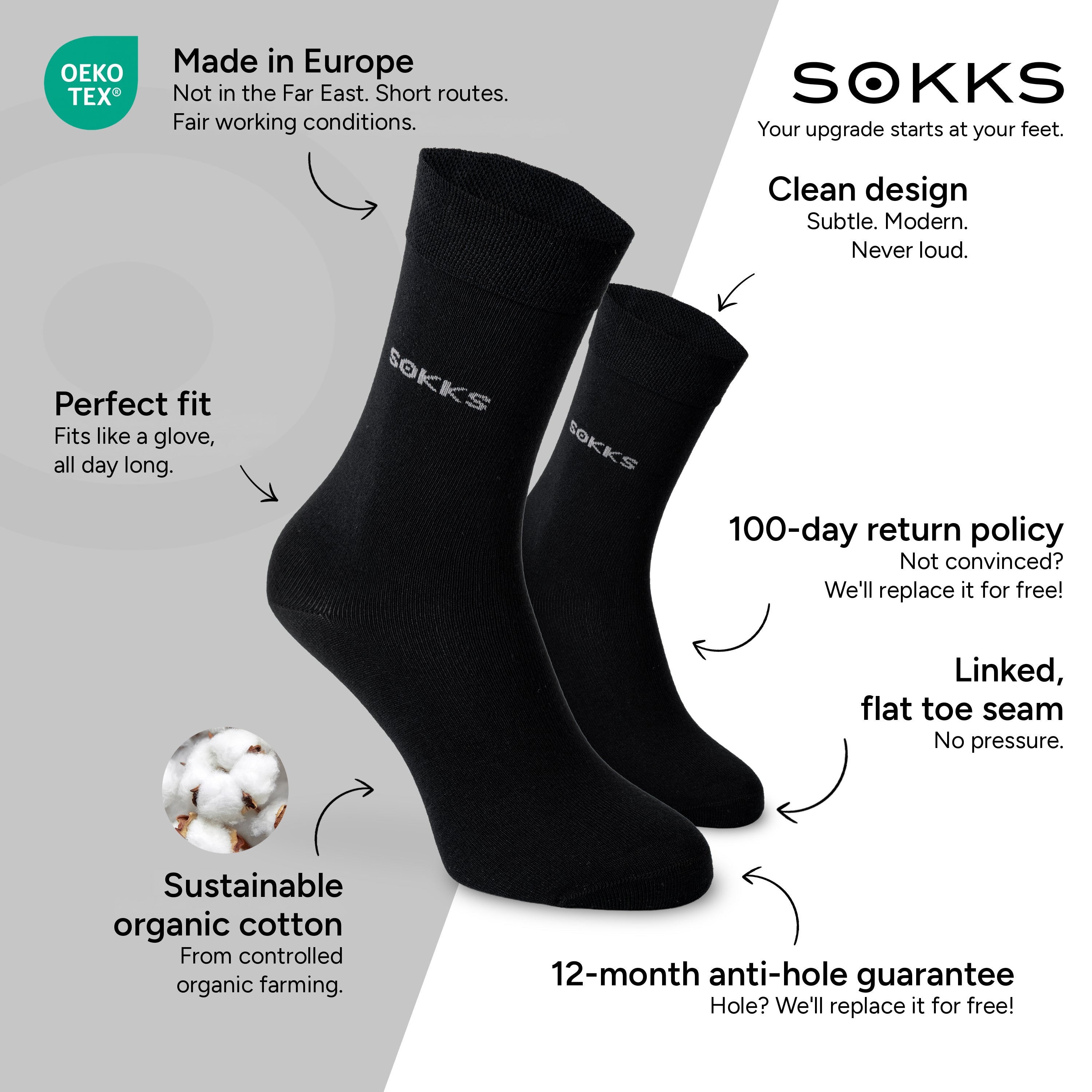 SOKKS Business Dress Socks Black in Cotton — Benefits: Made in Europe, organic cotton, 100-day return policy, 12-month anti-hole guarantee