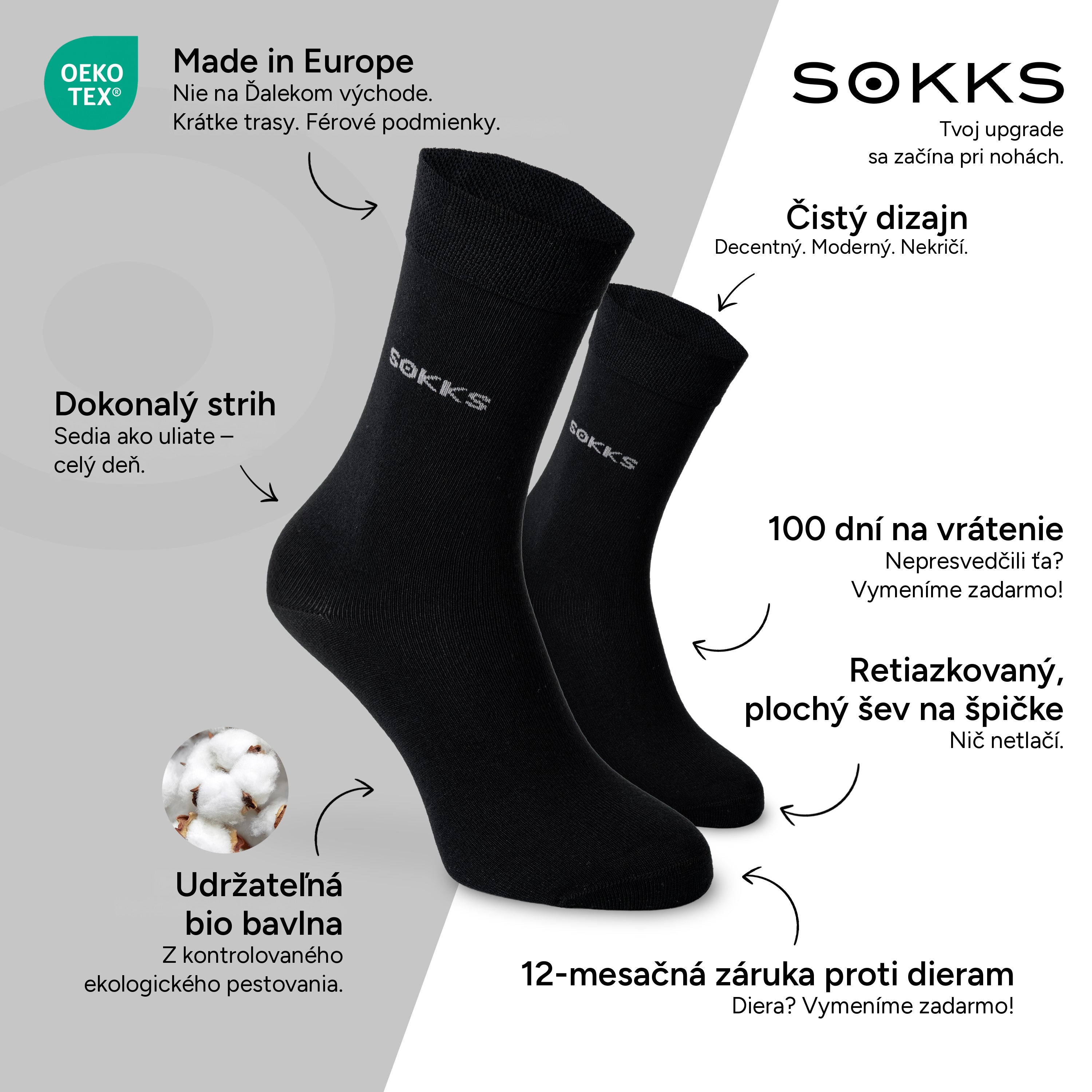 SOKKS Spoločenské ponožky Čierne z bavlny — Výhody: Made in Europe, bio bavlna, 100 dní na vrátenie, 12-mesačná záruka proti dieram