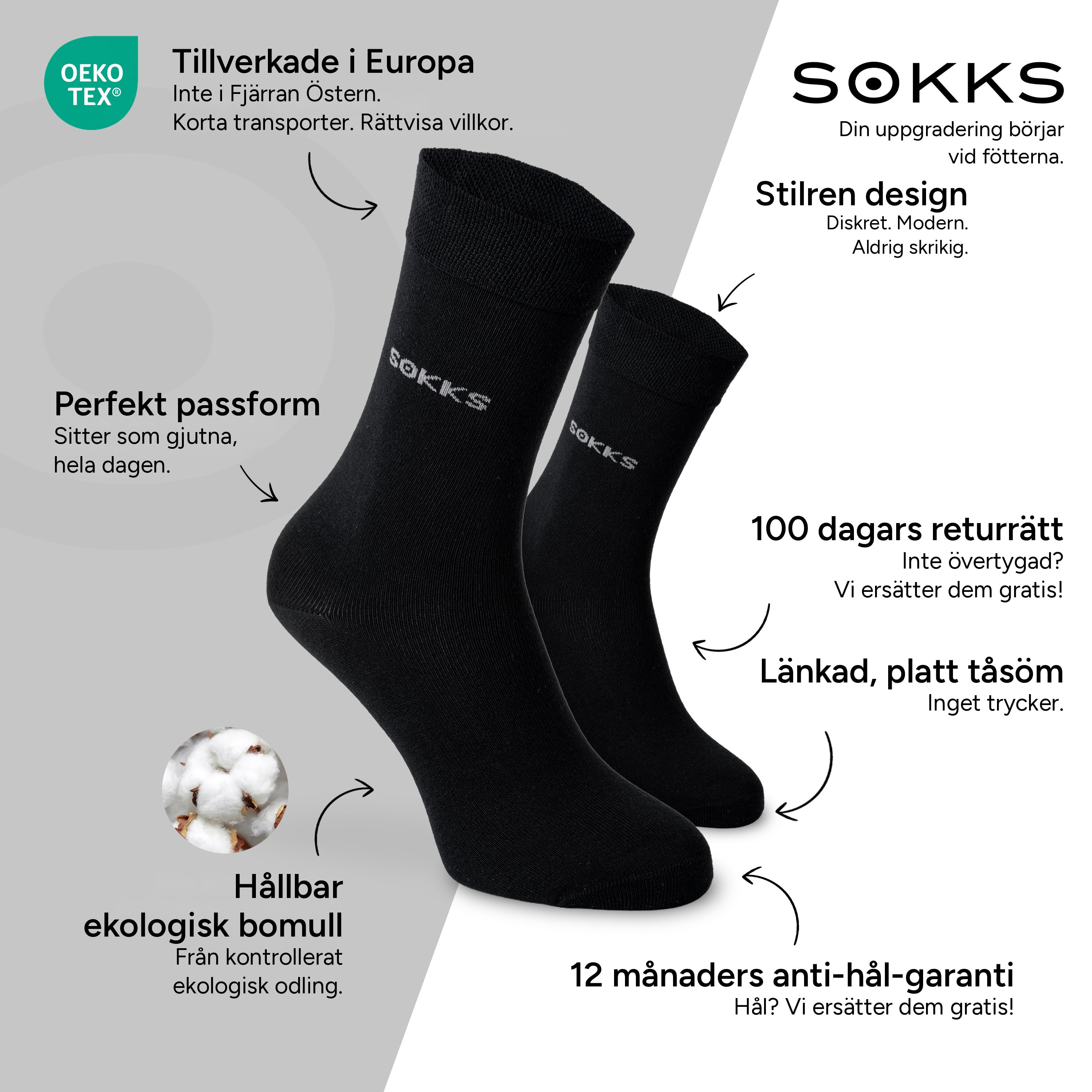 SOKKS Kostymstrumpor Svart i Bomull — Fördelar: Tillverkade i Europa, ekologisk bomull, 100 dagars returrätt, 12 månaders anti-hål-garanti