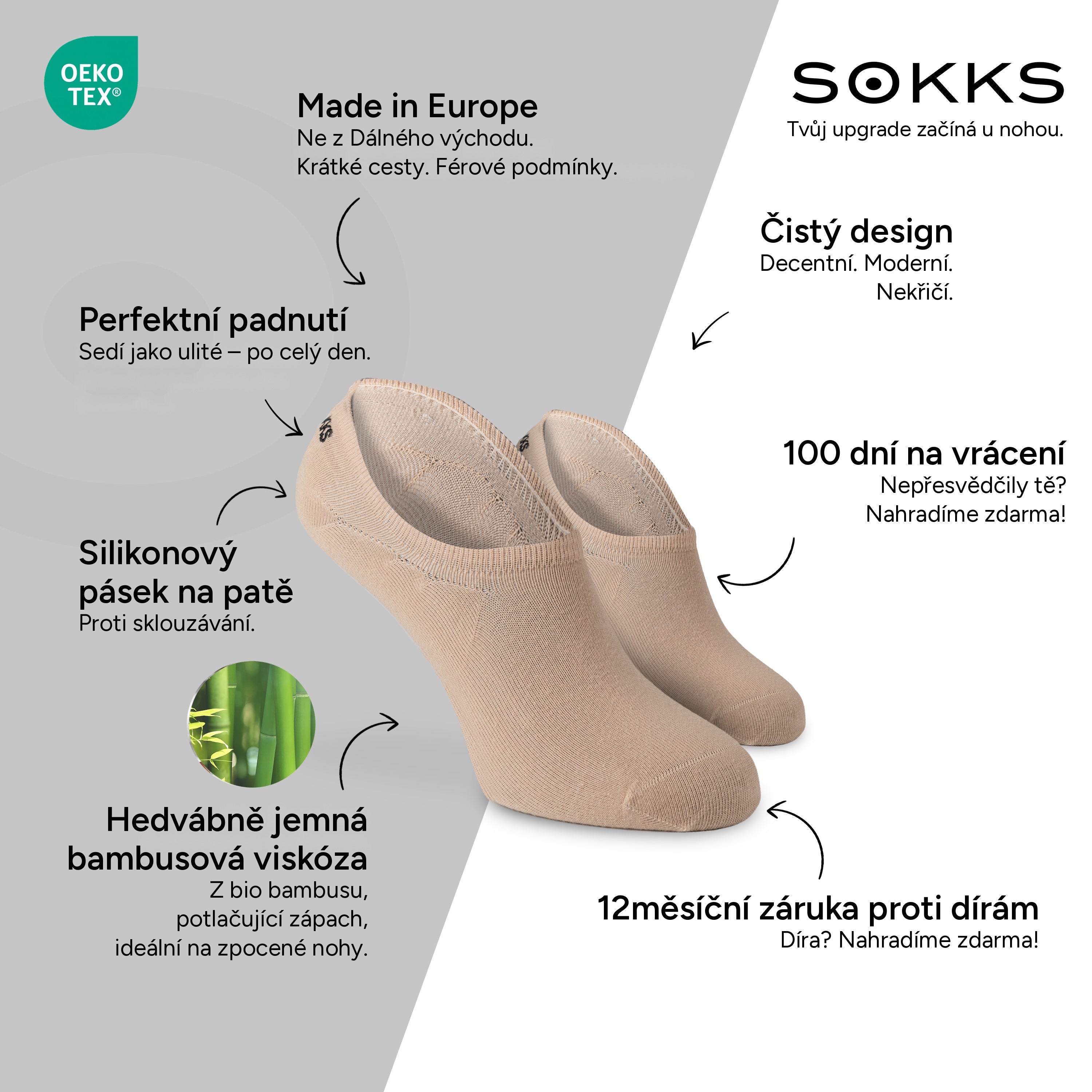 SOKKS Neviditelné ponožky Tmavě béžové – neviditelné ponožky ke sneakerům z bambusové viskózy — Výhody: Made in Europe, bio bambus, 100 dní na vrácení, 12měsíční záruka proti dírám