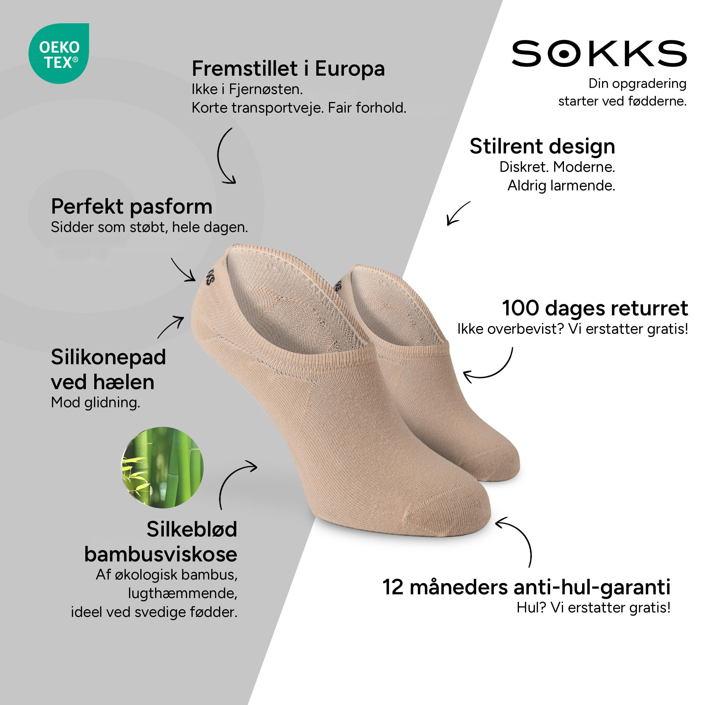 SOKKS Usynlige Footies Mørk Beige – usynlige sneakersokker i Bambusviskose — Fordele: Fremstillet i Europa, økologisk bambus, 100 dages returret, 12 måneders anti-hul-garanti