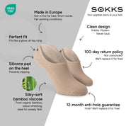 SOKKS No-Show Socks Dark Beige – invisible sneaker socks in Bamboo Viscose — Benefits: Made in Europe, organic bamboo, 100-day return policy, 12-month anti-hole guarantee