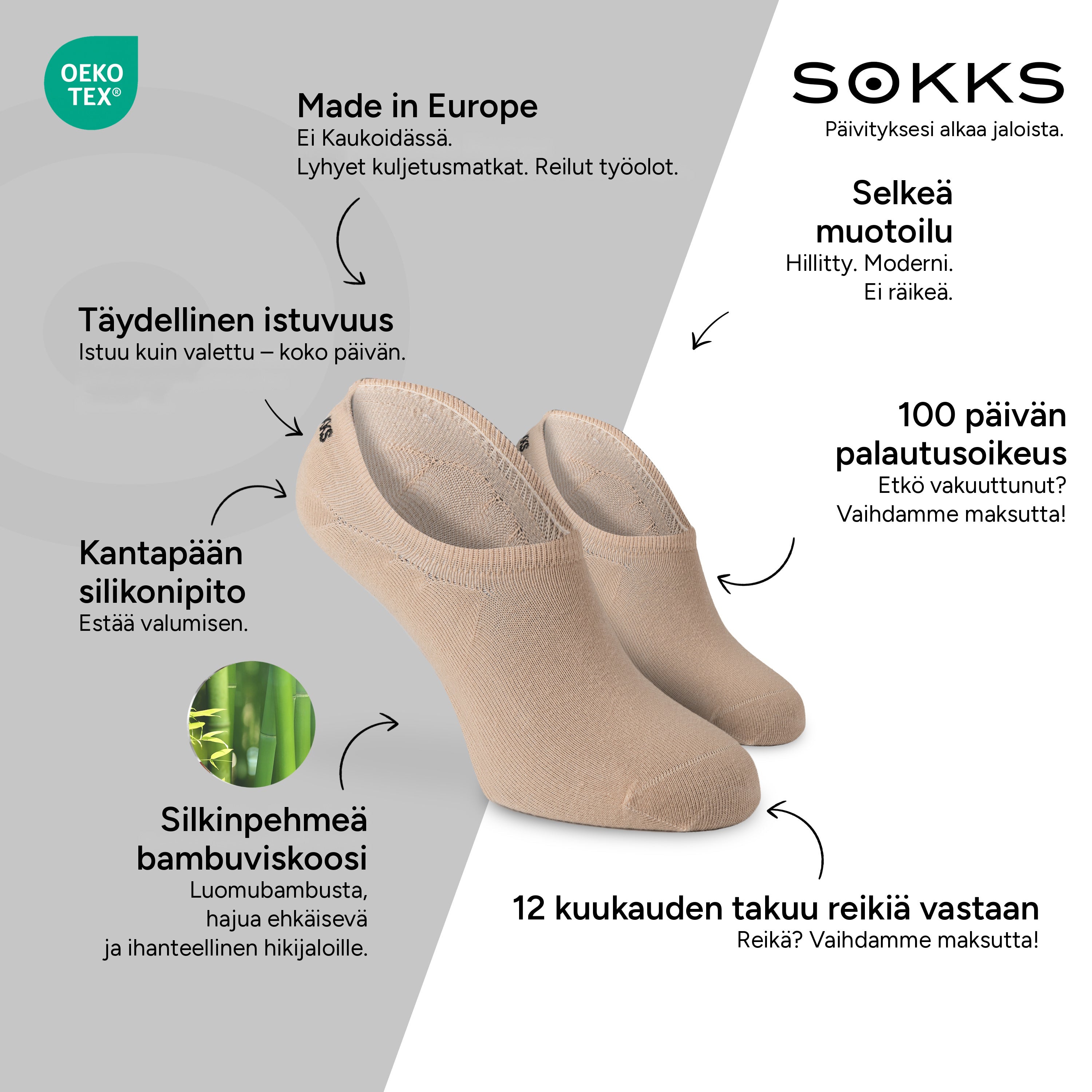 SOKKS Varrettomat sukat Tummanbeiget – näkymättömät sneakersukat, bambuviskoosia — Edut: Made in Europe, luomubambu, 100 päivän palautusoikeus, 12 kuukauden takuu reikiä vastaan