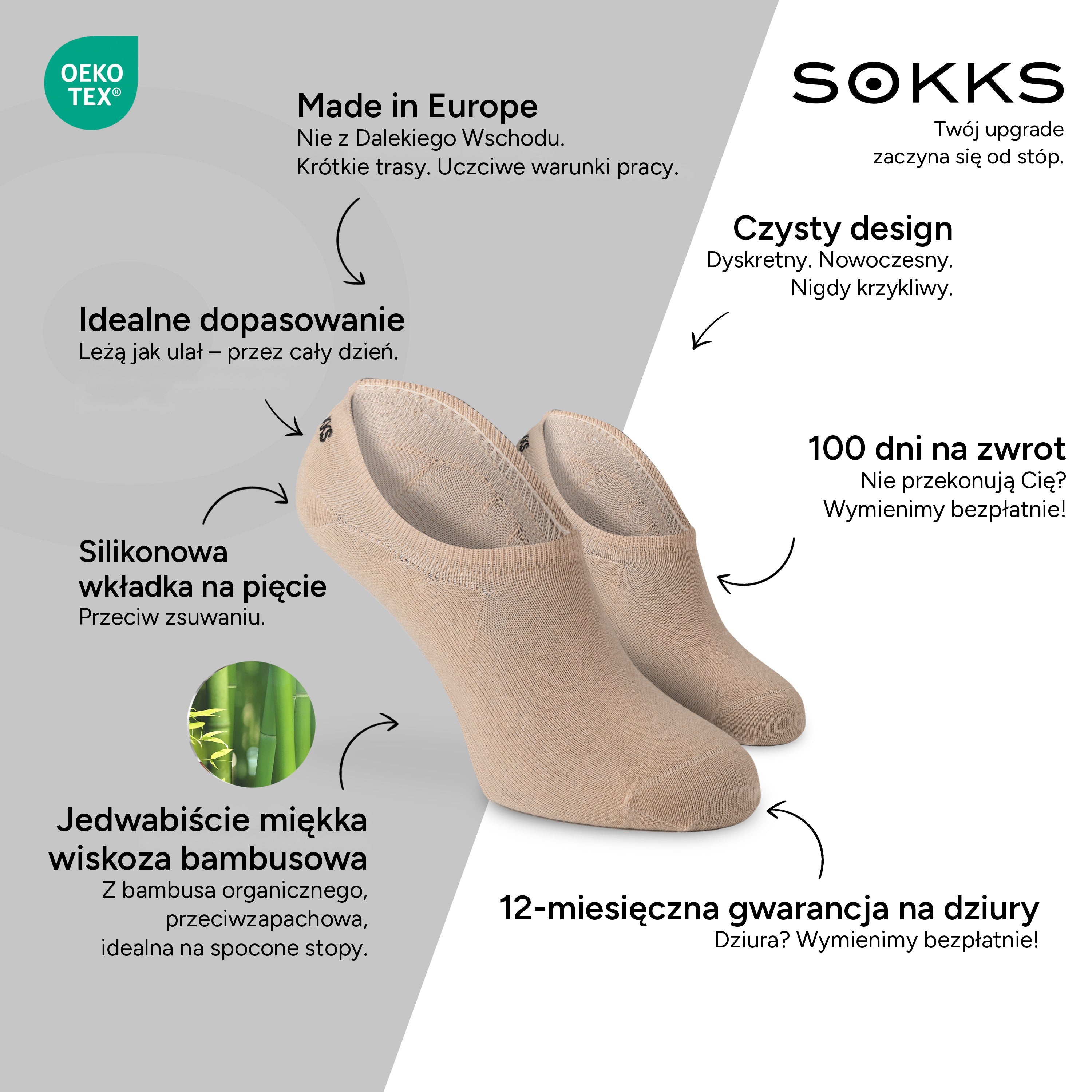 SOKKS Stopki Ciemnobeżowe – niewidoczne skarpetki do sneakersów z Wiskozy Bambusowej — Zalety: Made in Europe, bambus organiczny, 100 dni na zwrot, 12-miesięczna gwarancja na dziury