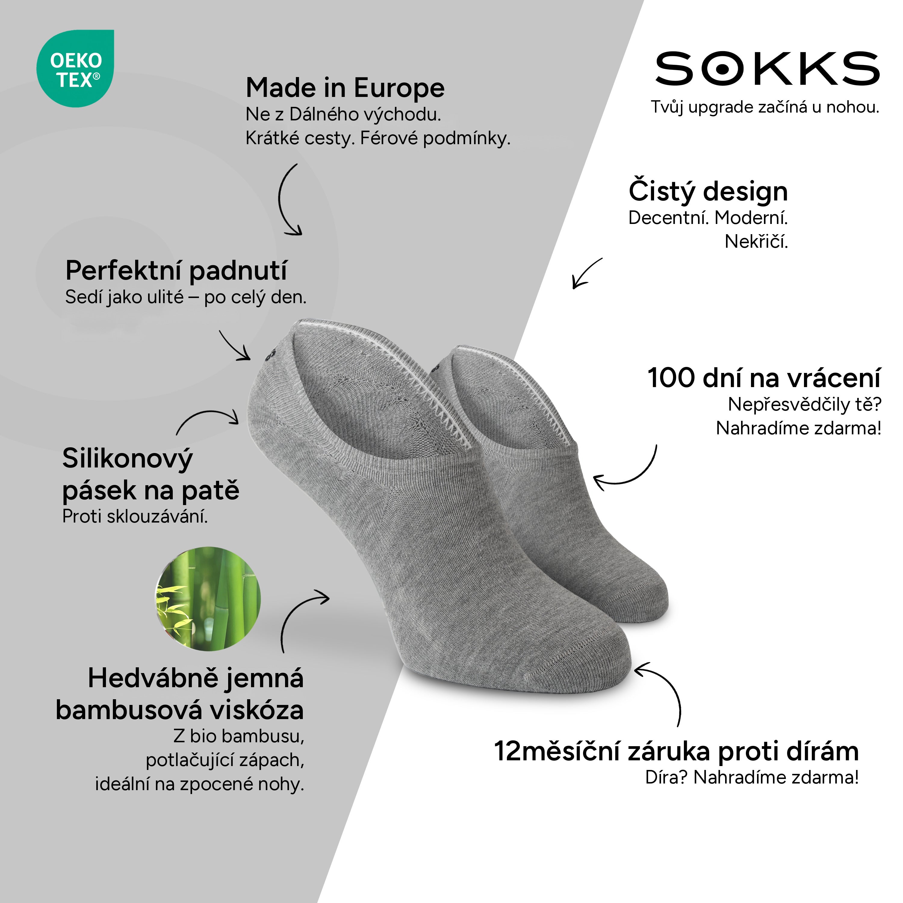 SOKKS Neviditelné ponožky Šedé – neviditelné ponožky ke sneakerům z bambusové viskózy — Výhody: Made in Europe, bio bambus, 100 dní na vrácení, 12měsíční záruka proti dírám