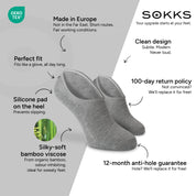 SOKKS No-Show Socks Grey – invisible sneaker socks in Bamboo Viscose — Benefits: Made in Europe, organic bamboo, 100-day return policy, 12-month anti-hole guarantee