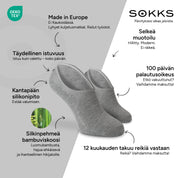 SOKKS Varrettomat sukat Harmaat – näkymättömät sneakersukat, bambuviskoosia — Edut: Made in Europe, luomubambu, 100 päivän palautusoikeus, 12 kuukauden takuu reikiä vastaan