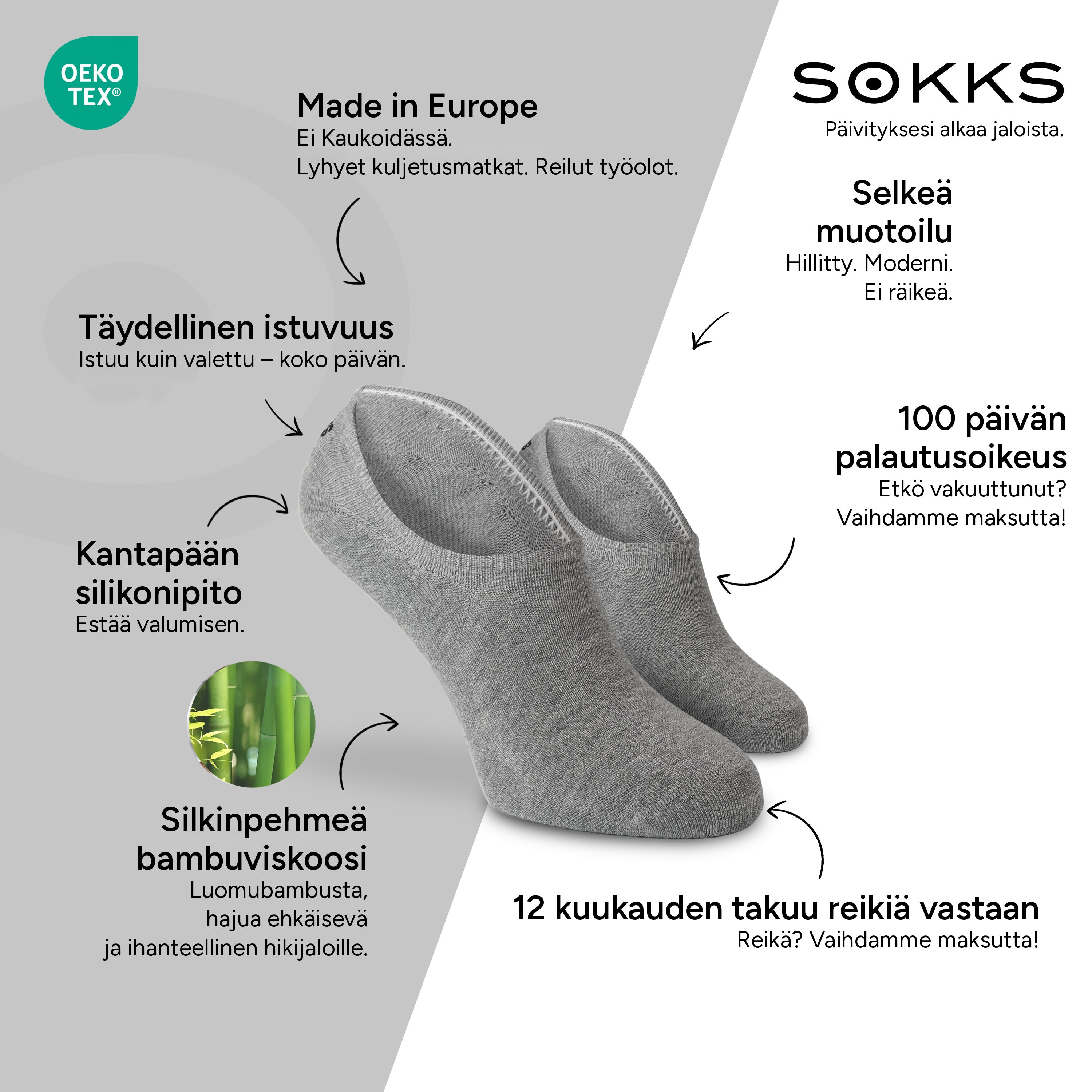 SOKKS Varrettomat sukat Harmaat – näkymättömät sneakersukat, bambuviskoosia — Edut: Made in Europe, luomubambu, 100 päivän palautusoikeus, 12 kuukauden takuu reikiä vastaan