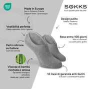 SOKKS Fantasmini Grigio – calzini invisibili per sneaker in Viscosa di Bambù — Vantaggi: Made in Europe, bambù biologico, reso entro 100 giorni, 12 mesi di garanzia anti-buchi