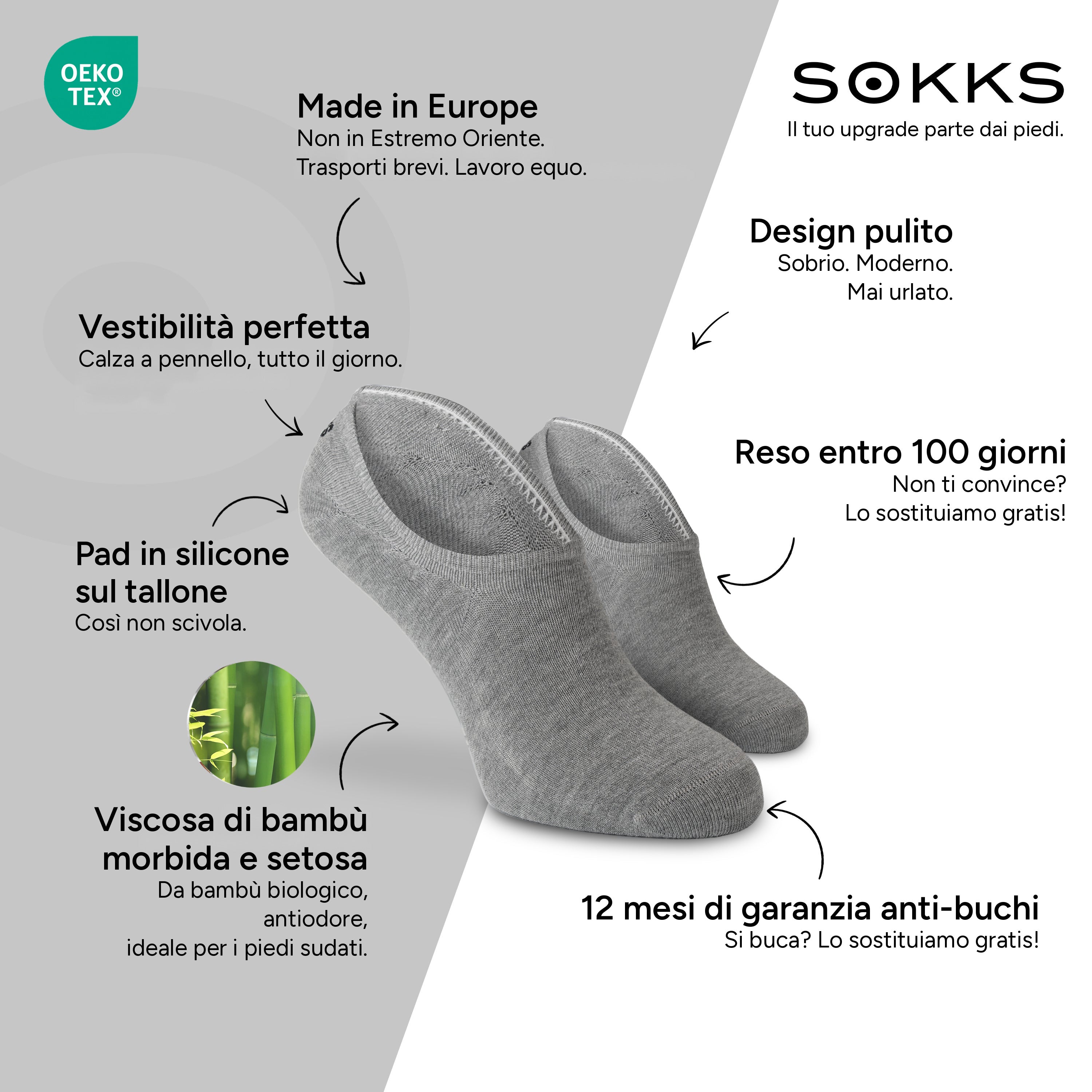 SOKKS Fantasmini Grigio – calzini invisibili per sneaker in Viscosa di Bambù — Vantaggi: Made in Europe, bambù biologico, reso entro 100 giorni, 12 mesi di garanzia anti-buchi