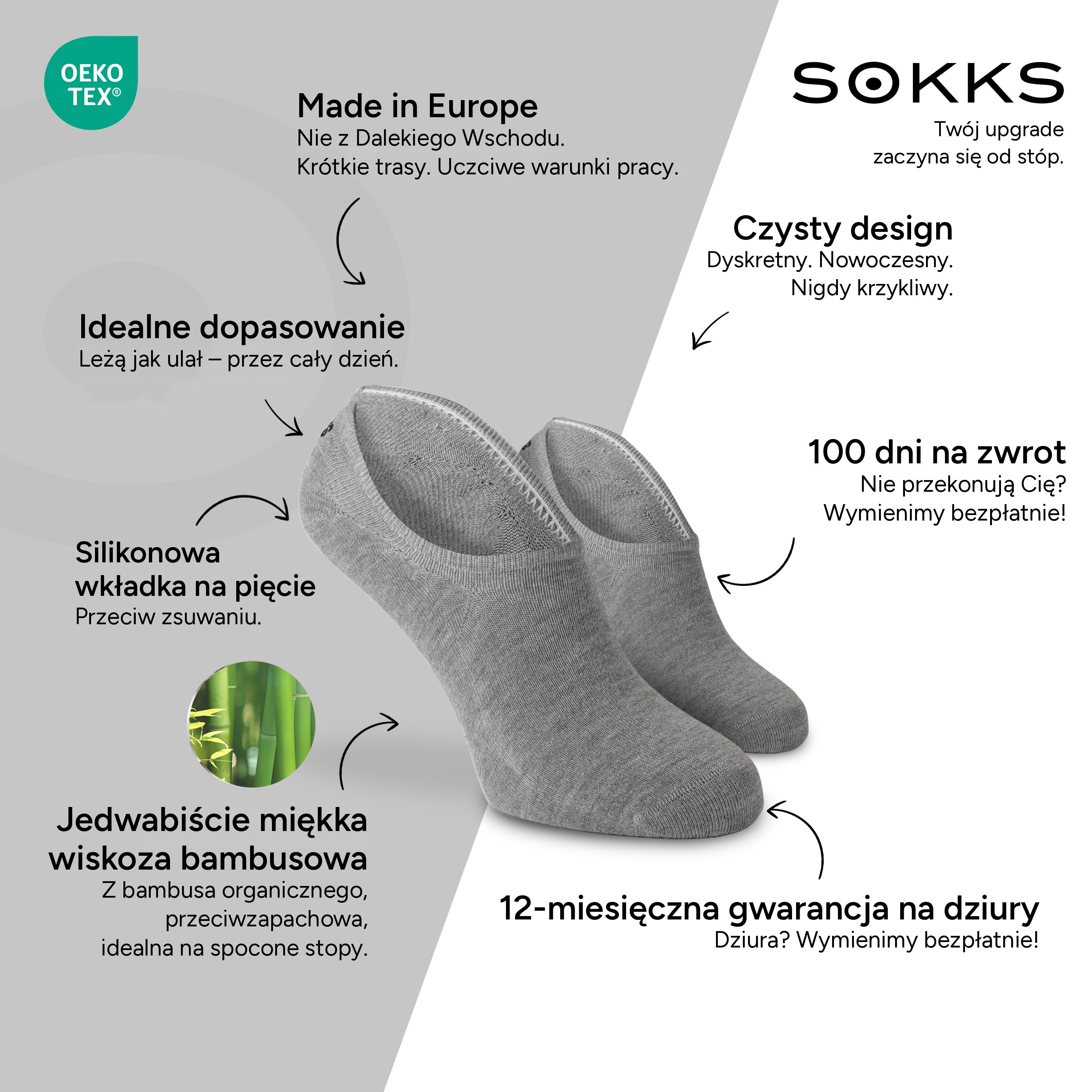 SOKKS Stopki Szare – niewidoczne skarpetki do sneakersów z Wiskozy Bambusowej — Zalety: Made in Europe, bambus organiczny, 100 dni na zwrot, 12-miesięczna gwarancja na dziury