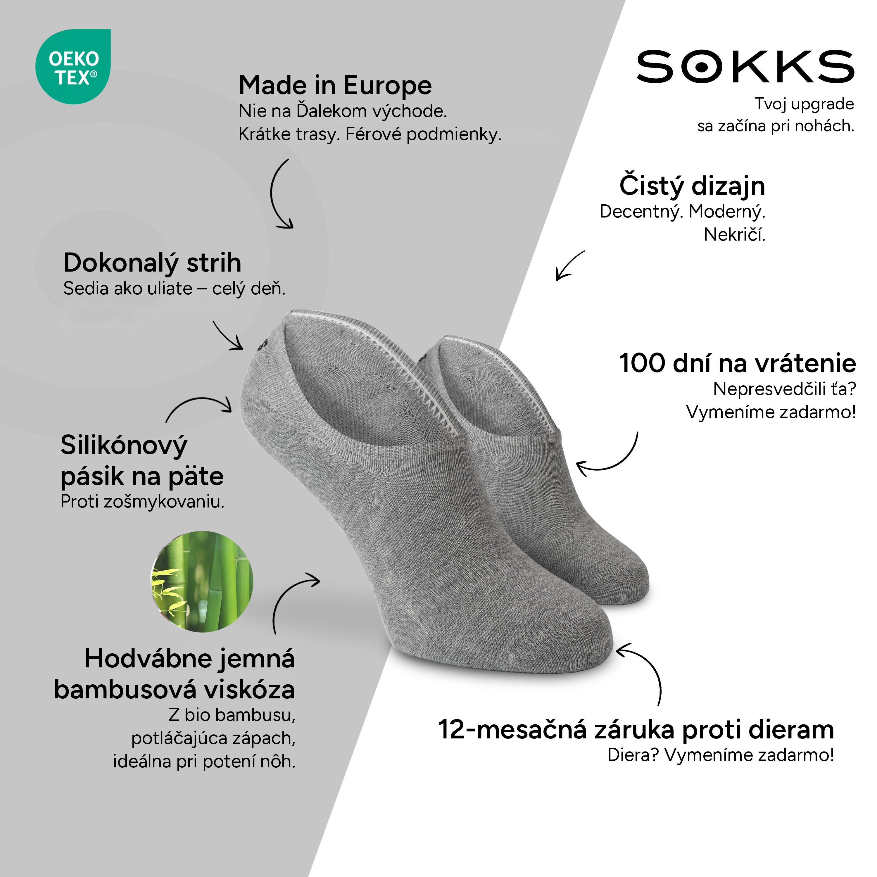 SOKKS Neviditeľné ponožky Sivé – neviditeľné ponožky k teniskám z bambusovej viskózy — Výhody: Made in Europe, bio bambus, 100 dní na vrátenie, 12-mesačná záruka proti dieram