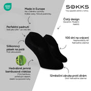SOKKS Neviditelné ponožky Černé – neviditelné ponožky ke sneakerům z bambusové viskózy — Výhody: Made in Europe, bio bambus, 100 dní na vrácení, 12měsíční záruka proti dírám