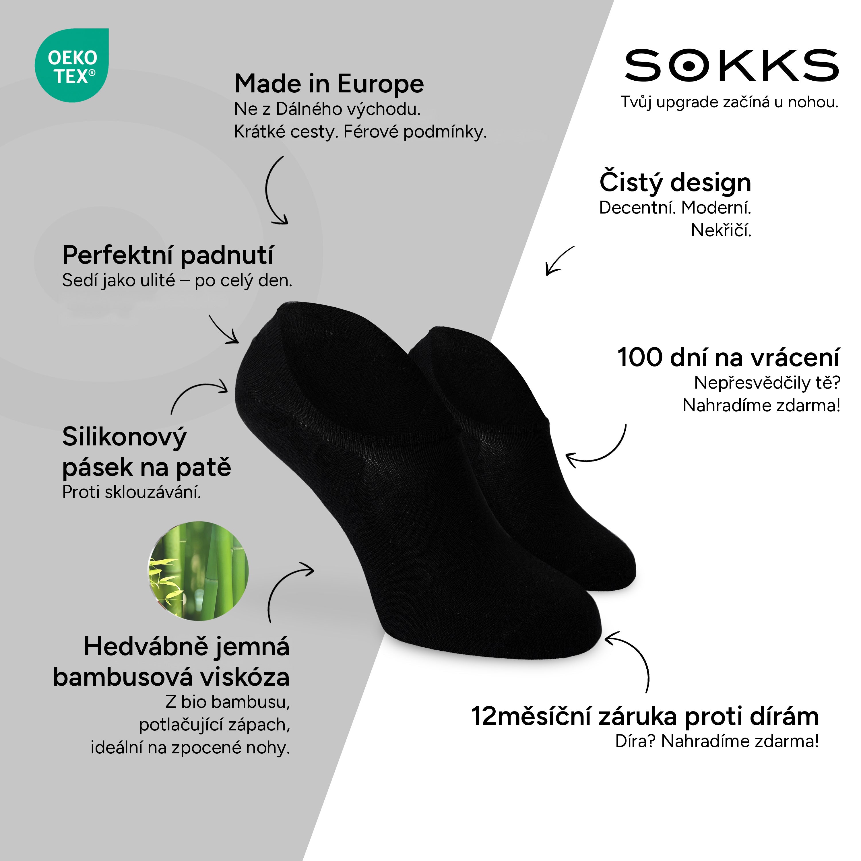 SOKKS Neviditelné ponožky Černé – neviditelné ponožky ke sneakerům z bambusové viskózy — Výhody: Made in Europe, bio bambus, 100 dní na vrácení, 12měsíční záruka proti dírám