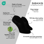 SOKKS No-Show Socks Black – invisible sneaker socks in Bamboo Viscose — Benefits: Made in Europe, organic bamboo, 100-day return policy, 12-month anti-hole guarantee