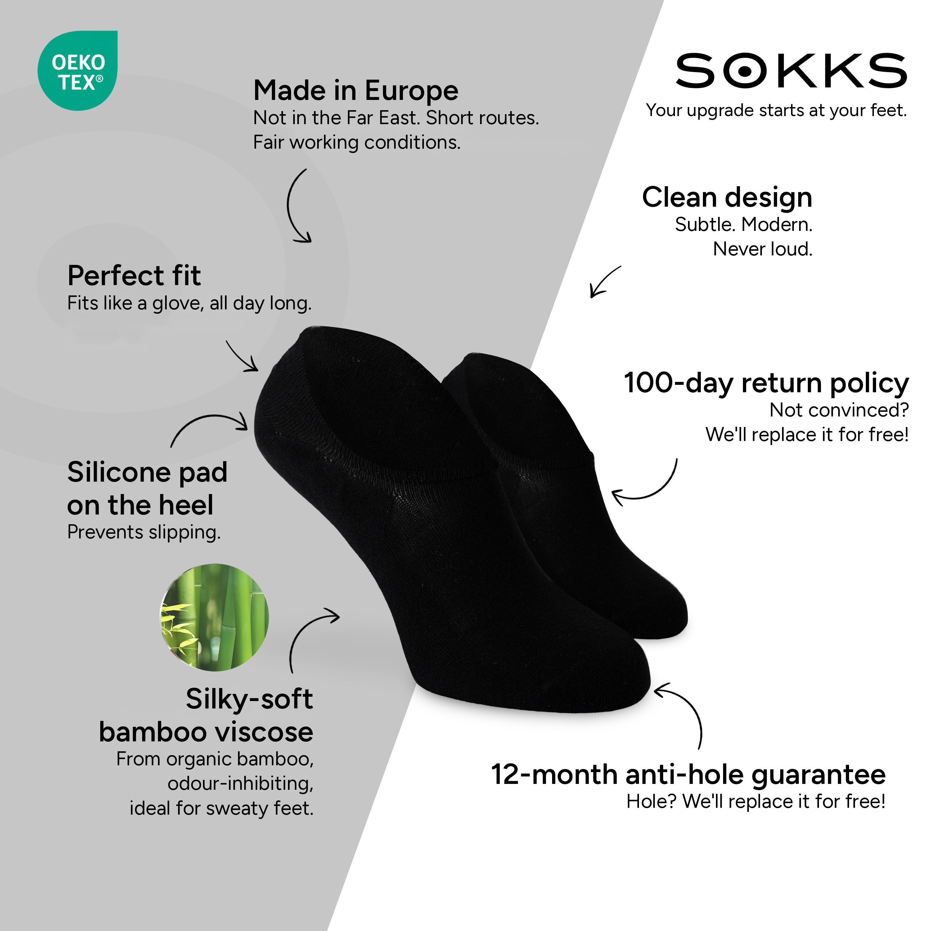 SOKKS No-Show Socks Black – invisible sneaker socks in Bamboo Viscose — Benefits: Made in Europe, organic bamboo, 100-day return policy, 12-month anti-hole guarantee