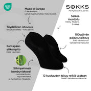 SOKKS Varrettomat sukat Mustat – näkymättömät sneakersukat, bambuviskoosia — Edut: Made in Europe, luomubambu, 100 päivän palautusoikeus, 12 kuukauden takuu reikiä vastaan
