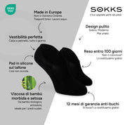 SOKKS Fantasmini Nero – calzini invisibili per sneaker in Viscosa di Bambù — Vantaggi: Made in Europe, bambù biologico, reso entro 100 giorni, 12 mesi di garanzia anti-buchi