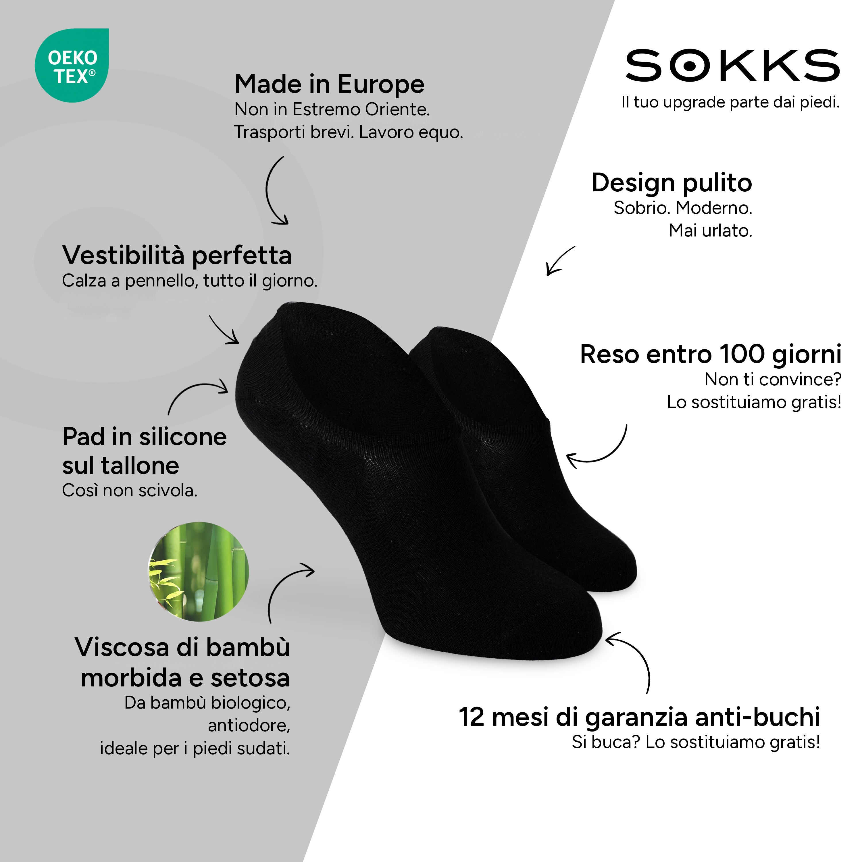 SOKKS Fantasmini Nero – calzini invisibili per sneaker in Viscosa di Bambù — Vantaggi: Made in Europe, bambù biologico, reso entro 100 giorni, 12 mesi di garanzia anti-buchi