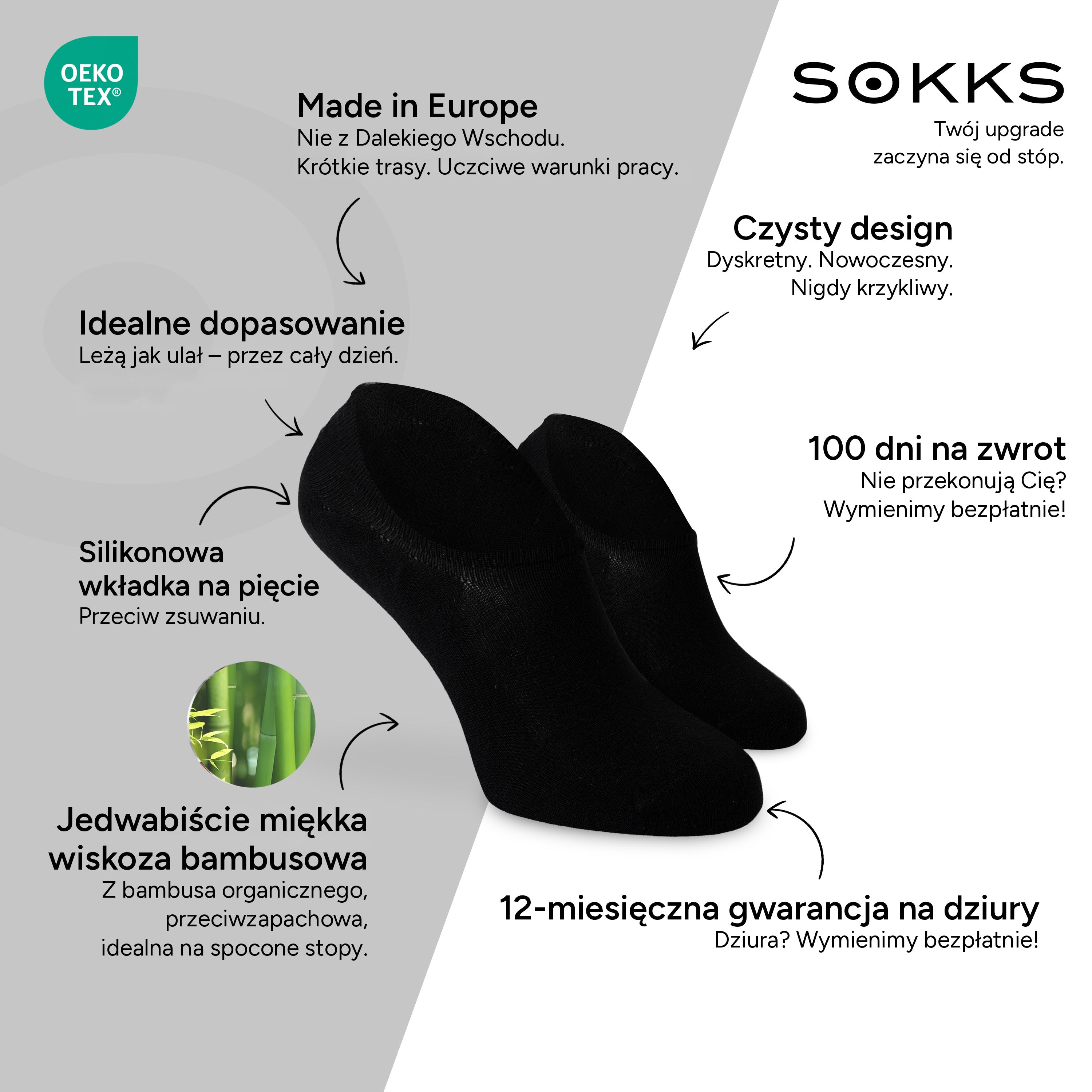 SOKKS Stopki Czarne – niewidoczne skarpetki do sneakersów z Wiskozy Bambusowej — Zalety: Made in Europe, bambus organiczny, 100 dni na zwrot, 12-miesięczna gwarancja na dziury