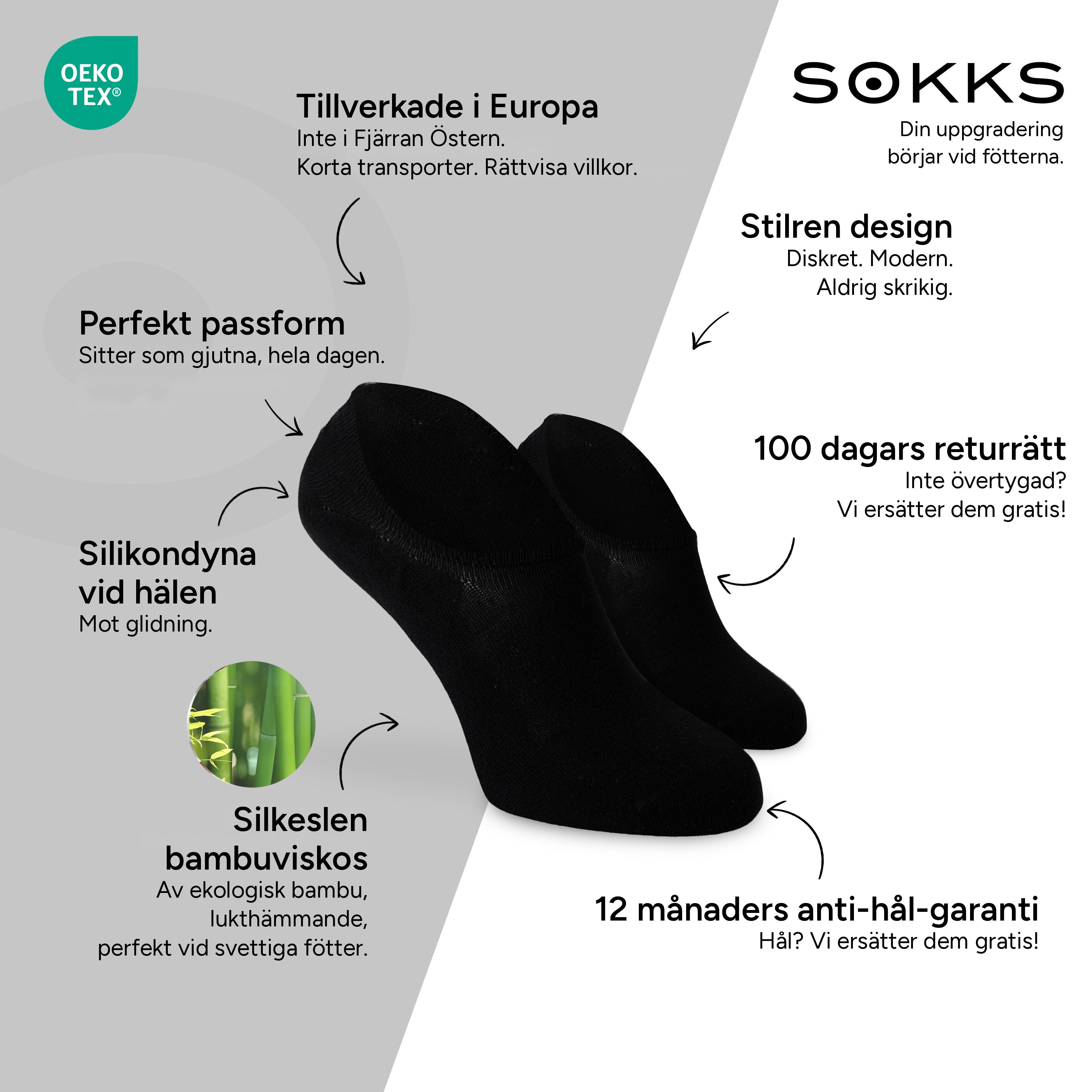 SOKKS Osynliga Strumpor Svart – osynliga sneakerstrumpor i Bambuviskos — Fördelar: Tillverkade i Europa, ekologisk bambu, 100 dagars returrätt, 12 månaders anti-hål-garanti