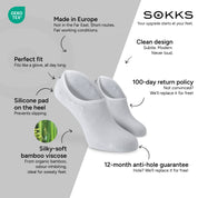 SOKKS No-Show Socks White – invisible sneaker socks in Bamboo Viscose — Benefits: Made in Europe, organic bamboo, 100-day return policy, 12-month anti-hole guarantee