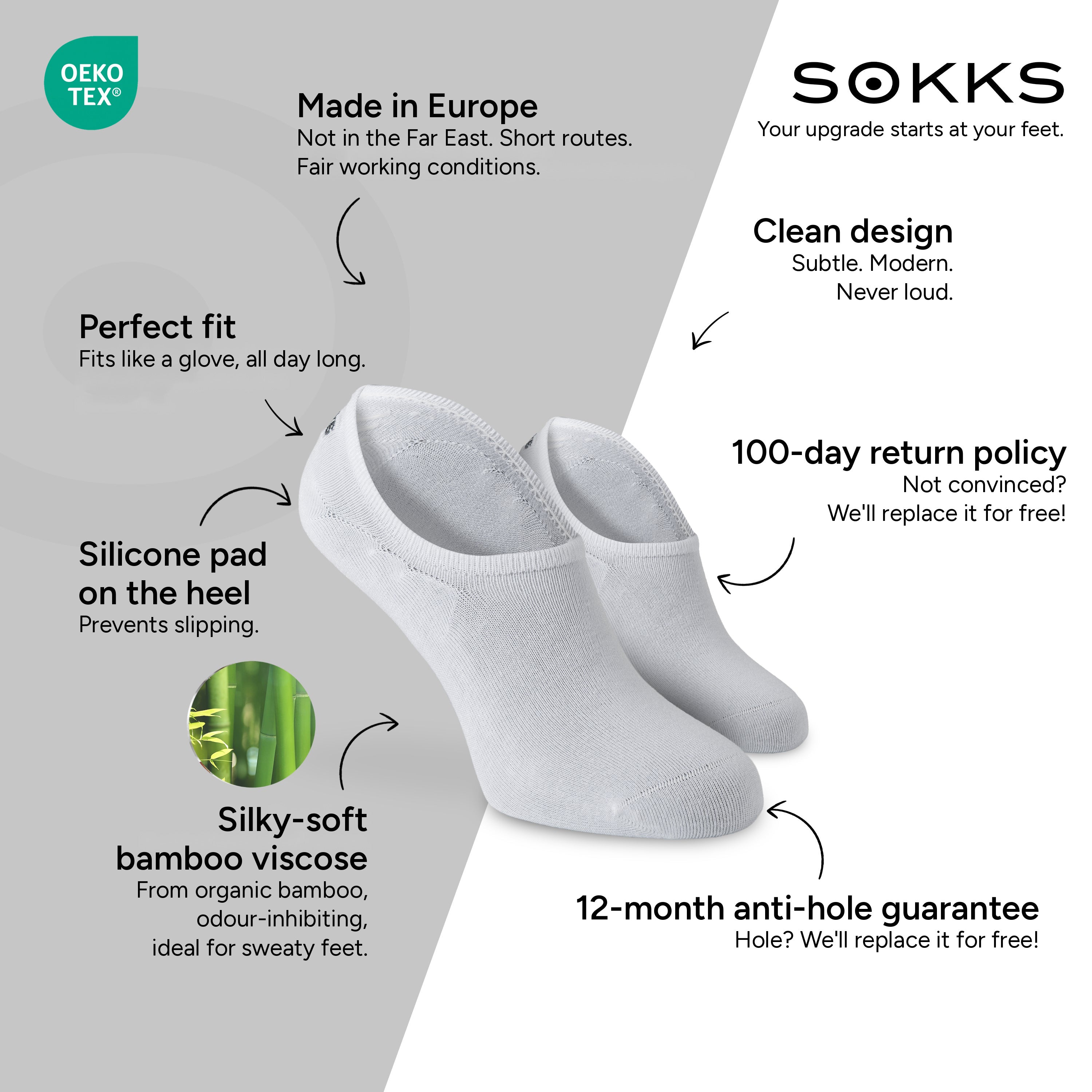 SOKKS No-Show Socks White – invisible sneaker socks in Bamboo Viscose — Benefits: Made in Europe, organic bamboo, 100-day return policy, 12-month anti-hole guarantee