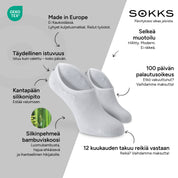SOKKS Varrettomat sukat Valkoiset – näkymättömät sneakersukat, bambuviskoosia — Edut: Made in Europe, luomubambu, 100 päivän palautusoikeus, 12 kuukauden takuu reikiä vastaan